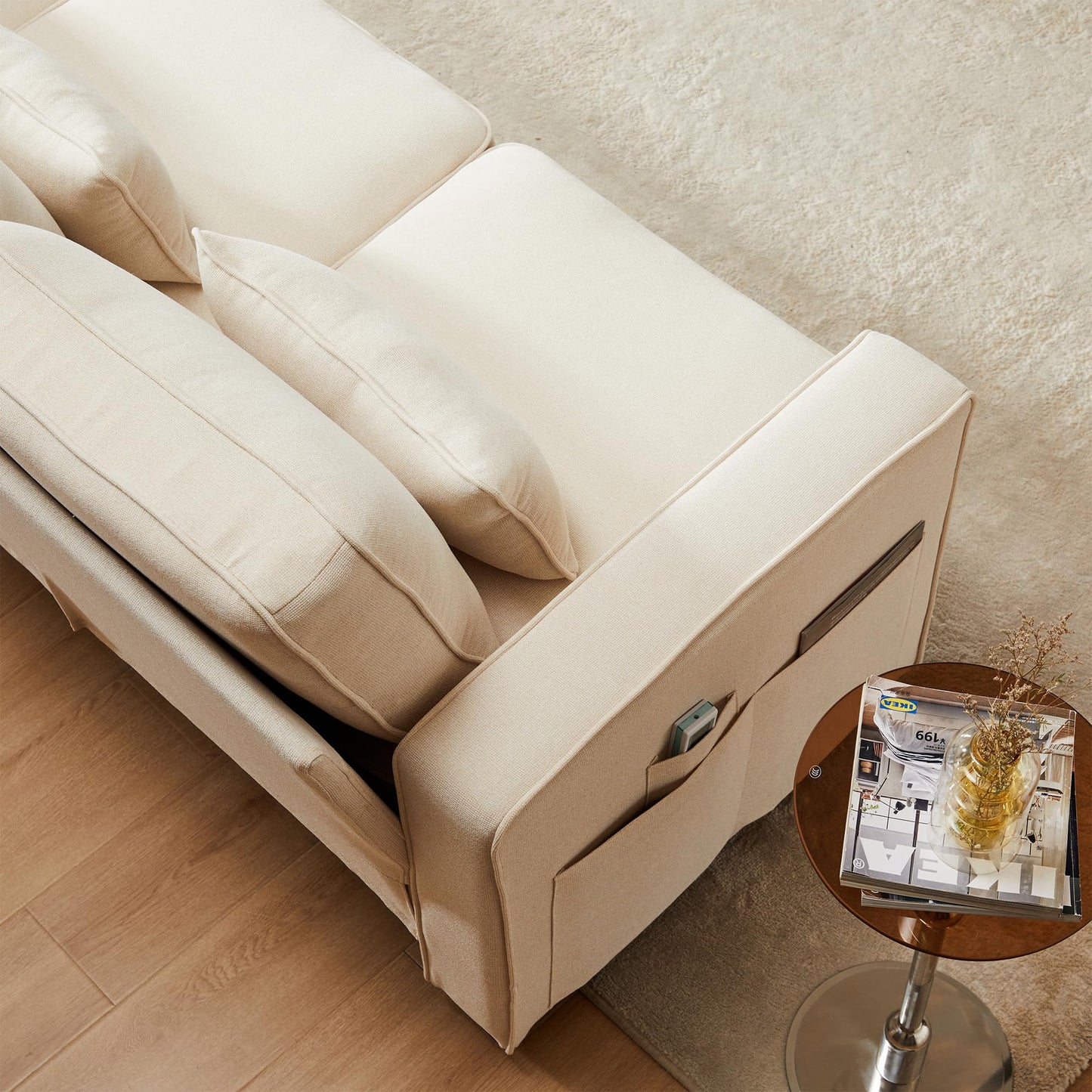Nowoczesna 4-osobowa sofa z tkaniny lnianej, czteroosobowa sofa z kieszeniami na podłokietniki i 4 poduszkami, sofa w prostym stylu mieszkania
