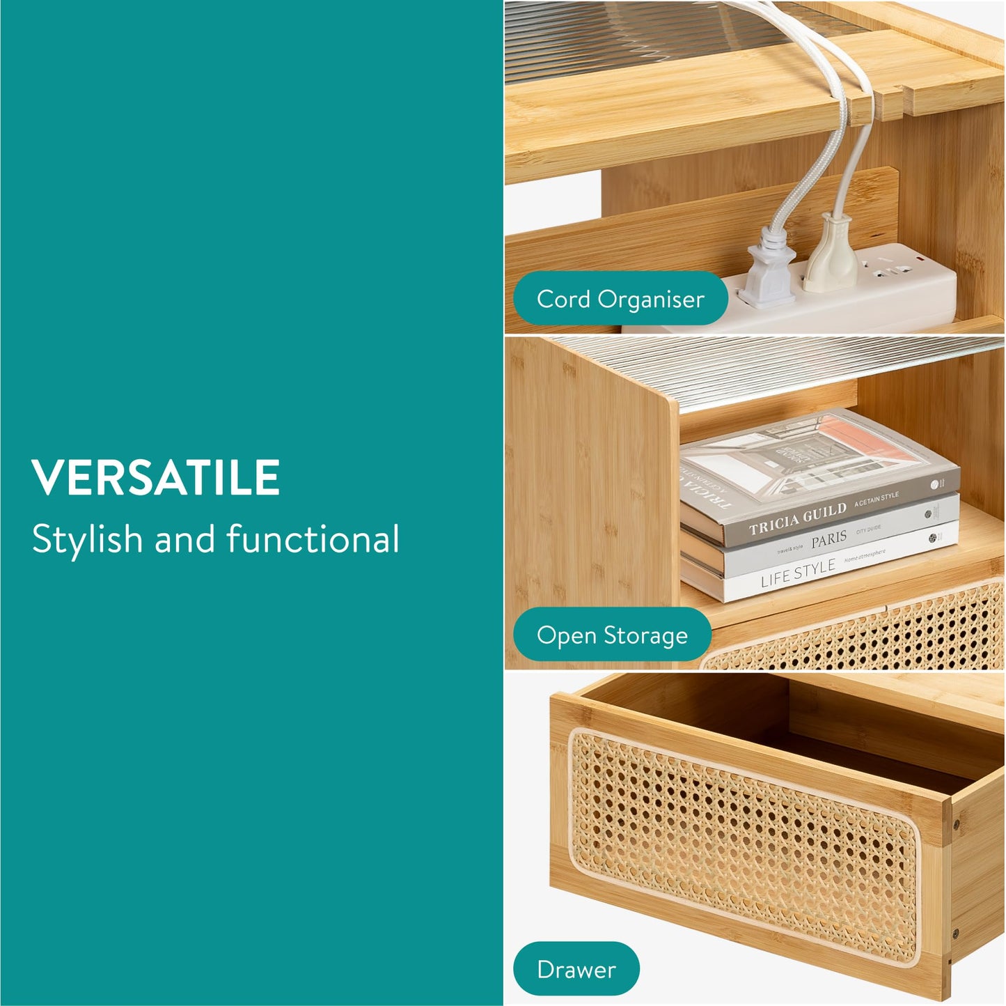 Rattanowy stolik nocny z szufladą i schowkiem – jasnobrązowy stolik boho Japandi z naturalnego drewna