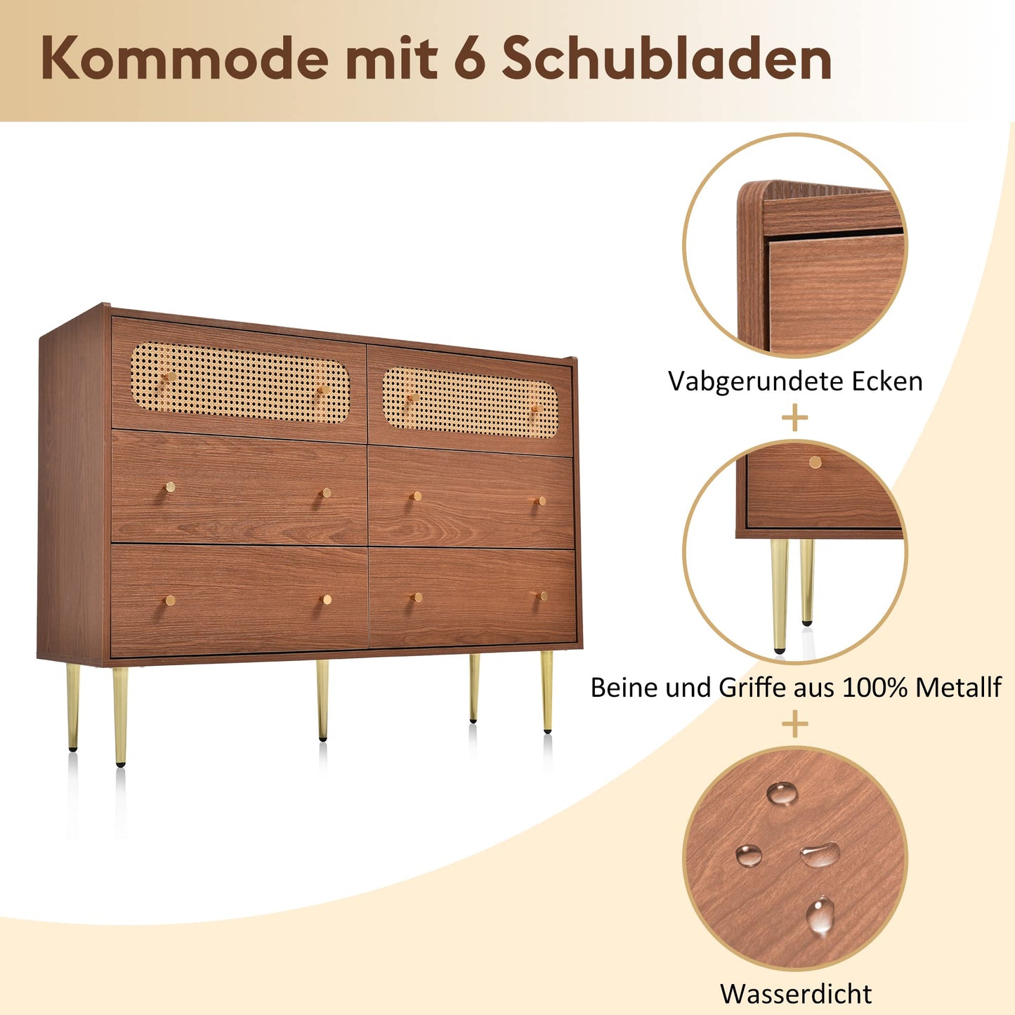 Komoda z sześcioma szufladami, rattanowa, kredens z 6 szufladami i minimalistycznymi metalowymi uchwytami i nogami w kolorze złotym - 90cm