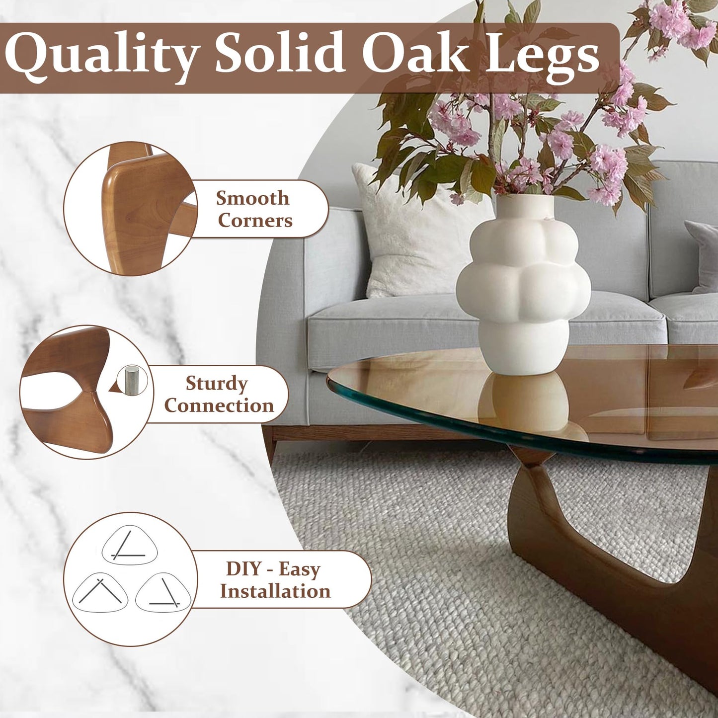 Stolik kawowy okrągły, szkło hartowane, lite drewno, nowoczesny styl, orzech brązowy, 114 cm - designerski szklany stolik kawowy