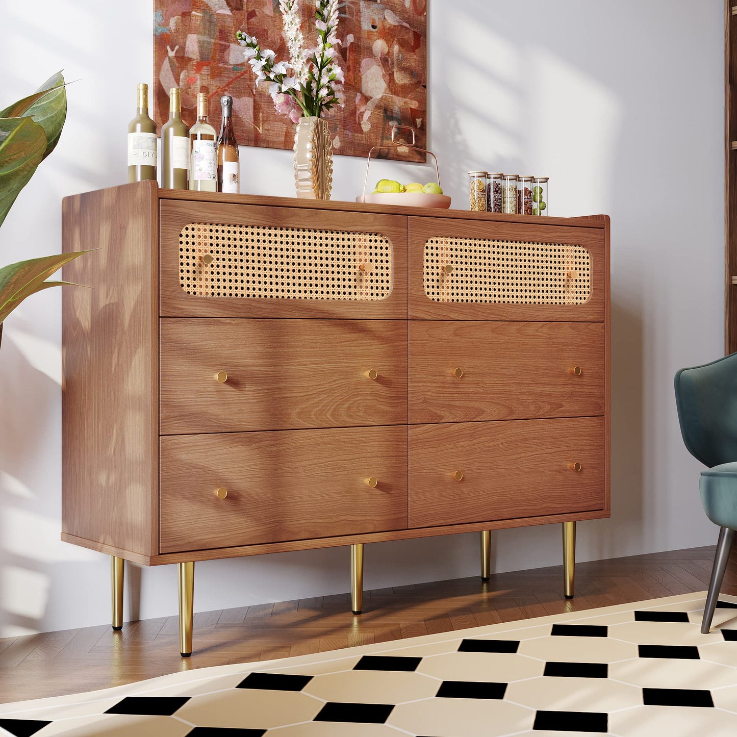 Komoda z sześcioma szufladami, rattanowa, kredens z 6 szufladami i minimalistycznymi metalowymi uchwytami i nogami w kolorze złotym - 90cm