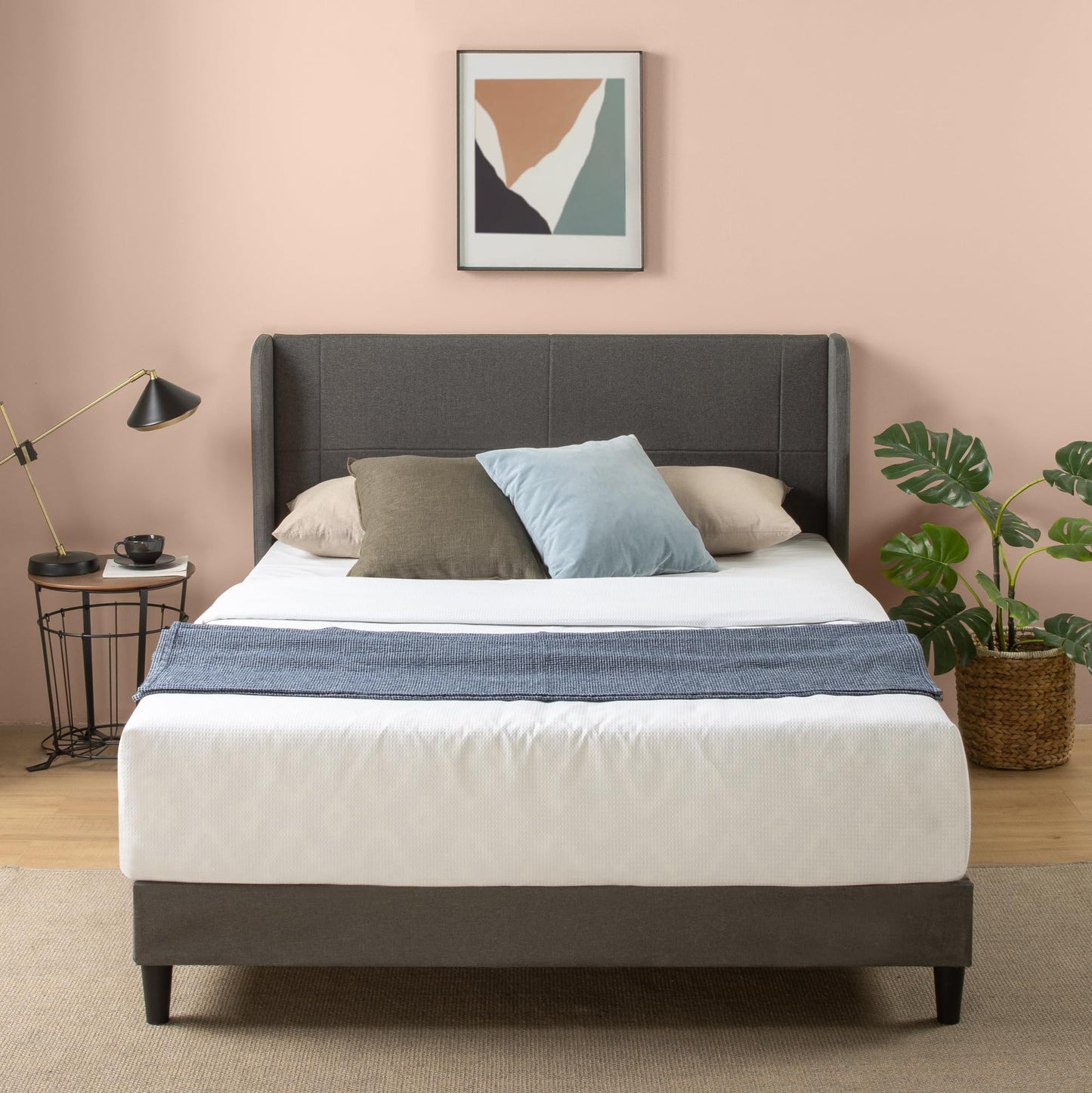 Łóżko tapicerowane 140x200 ze stelażem bambusowym - łóżko z wysokim zagłówkiem Wingback - ciemnoszare
