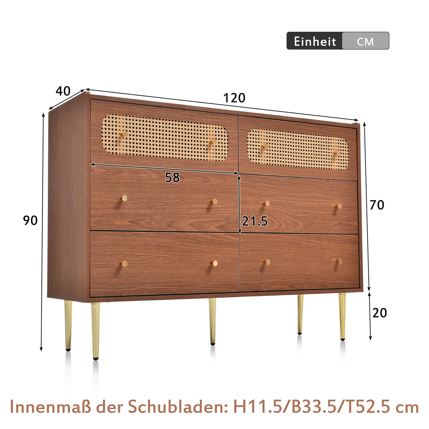 Komoda z sześcioma szufladami, rattanowa, kredens z 6 szufladami i minimalistycznymi metalowymi uchwytami i nogami w kolorze złotym - 90cm