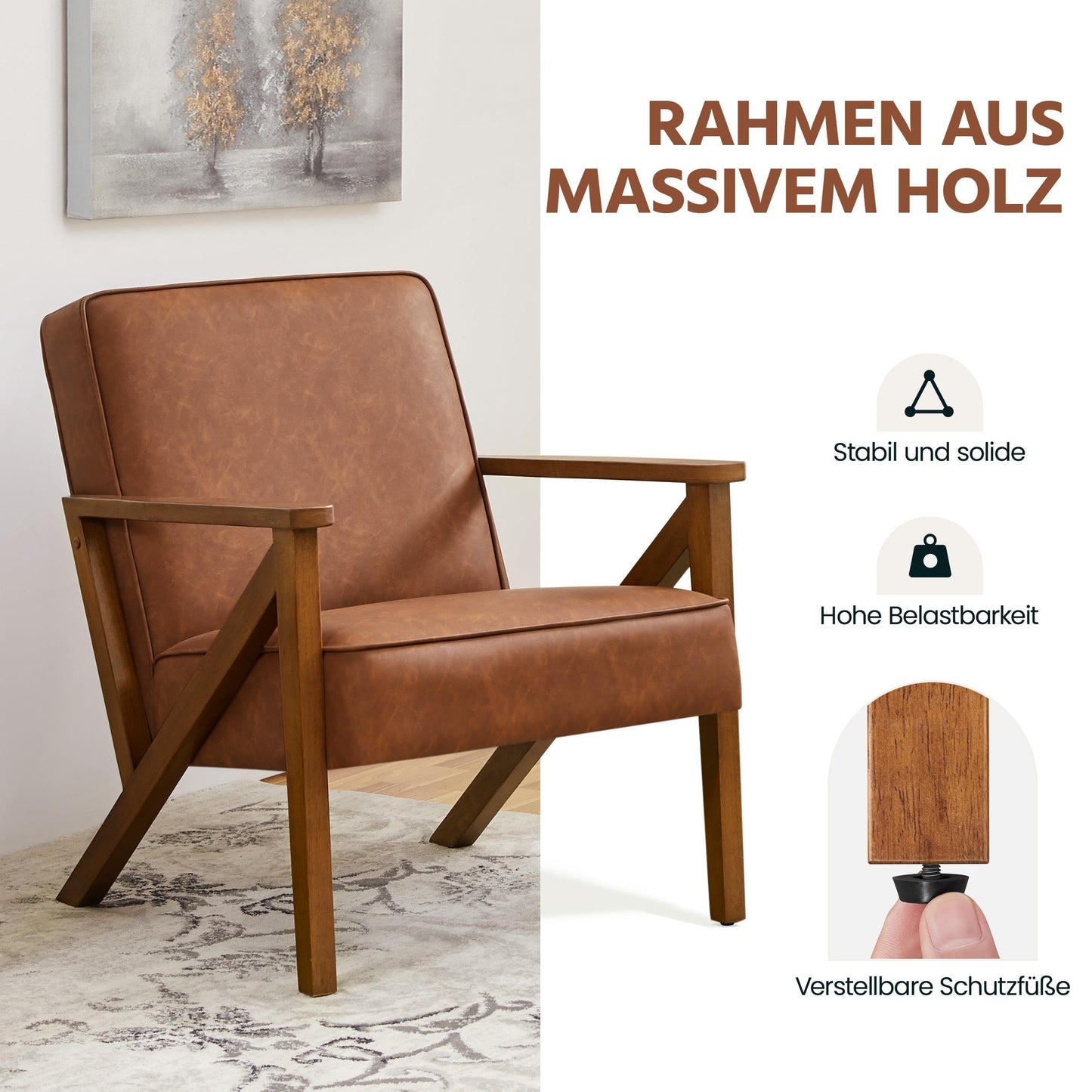 Fotel telewizyjny do wypoczynku, jasnobrązowy, tapicerowany PU, z nogami w kształcie Z z litego drewna gumowego