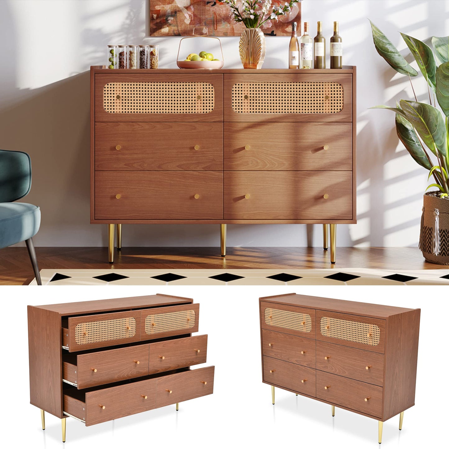 Komoda z sześcioma szufladami, rattanowa, kredens z 6 szufladami i minimalistycznymi metalowymi uchwytami i nogami w kolorze złotym - 90cm
