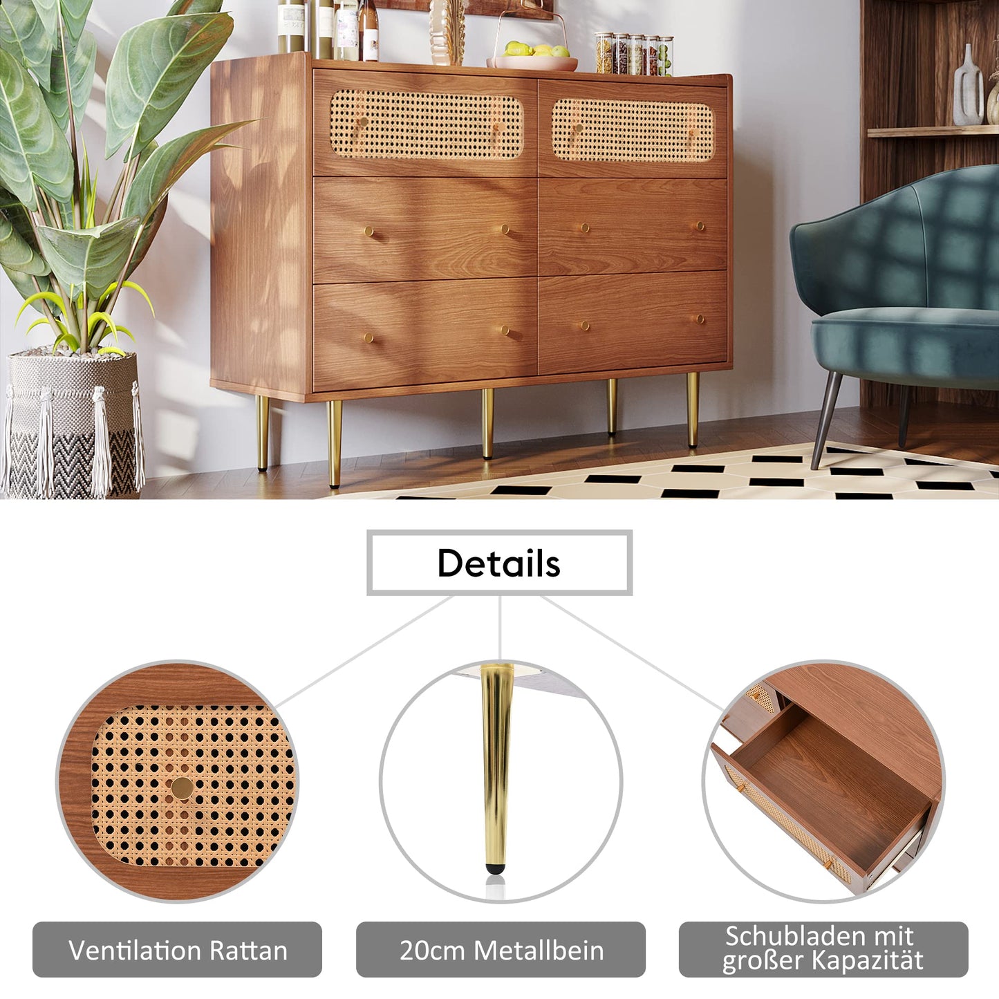 Komoda z sześcioma szufladami, rattanowa, kredens z 6 szufladami i minimalistycznymi metalowymi uchwytami i nogami w kolorze złotym - 90cm