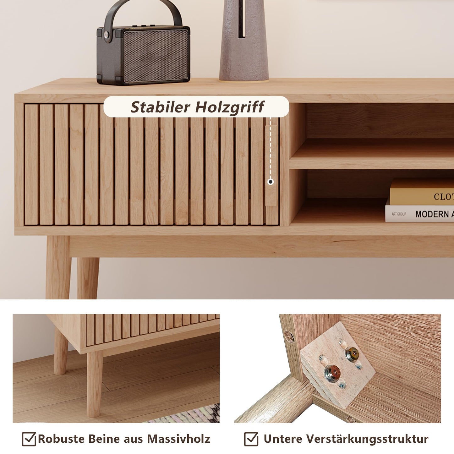 Szafka RTV Skandynawska z Litego Drewna – 150x40x48 cm, Nowoczesna do Salonu z drzwiczkami