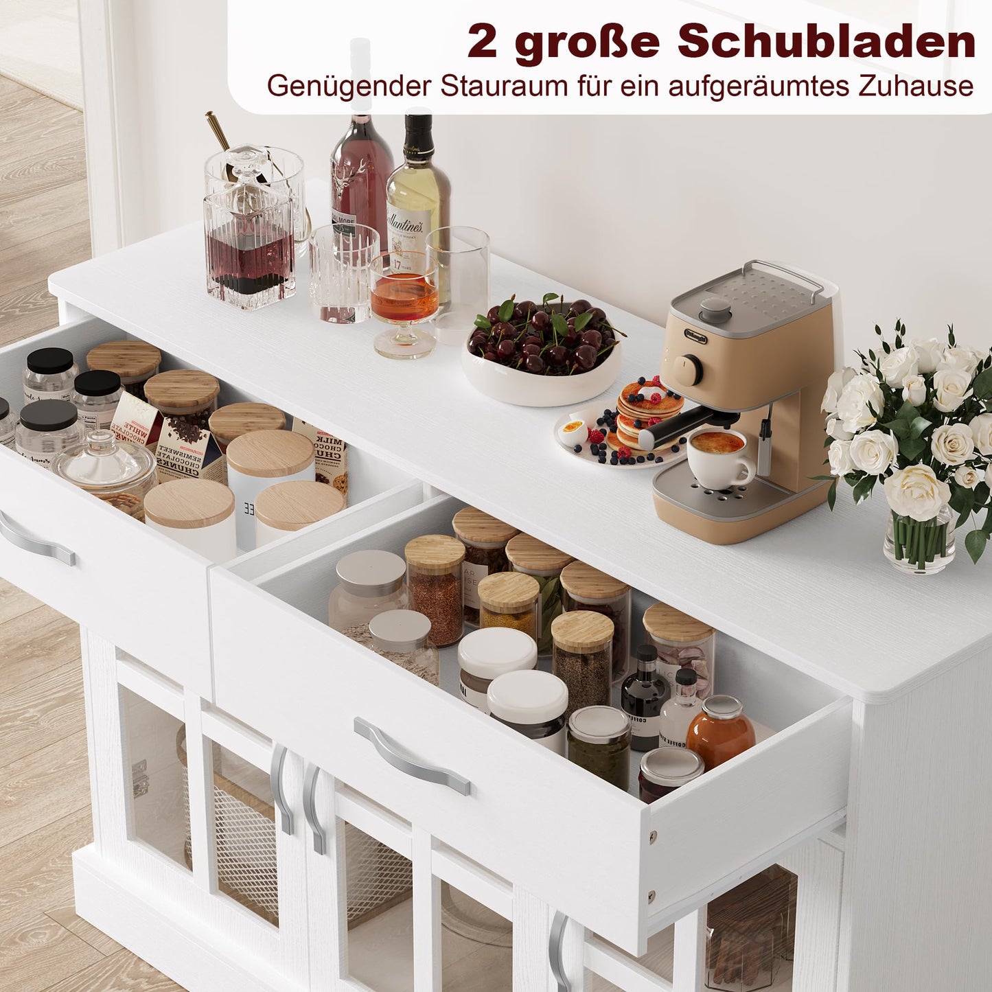 Szafka bufetowa z 3 szklanymi drzwiami i 2 szufladami, szafka kuchenna, kredens drewniany do przechowywania – do salonu, jadalni, korytarza, 120 x 84 x 40 cm