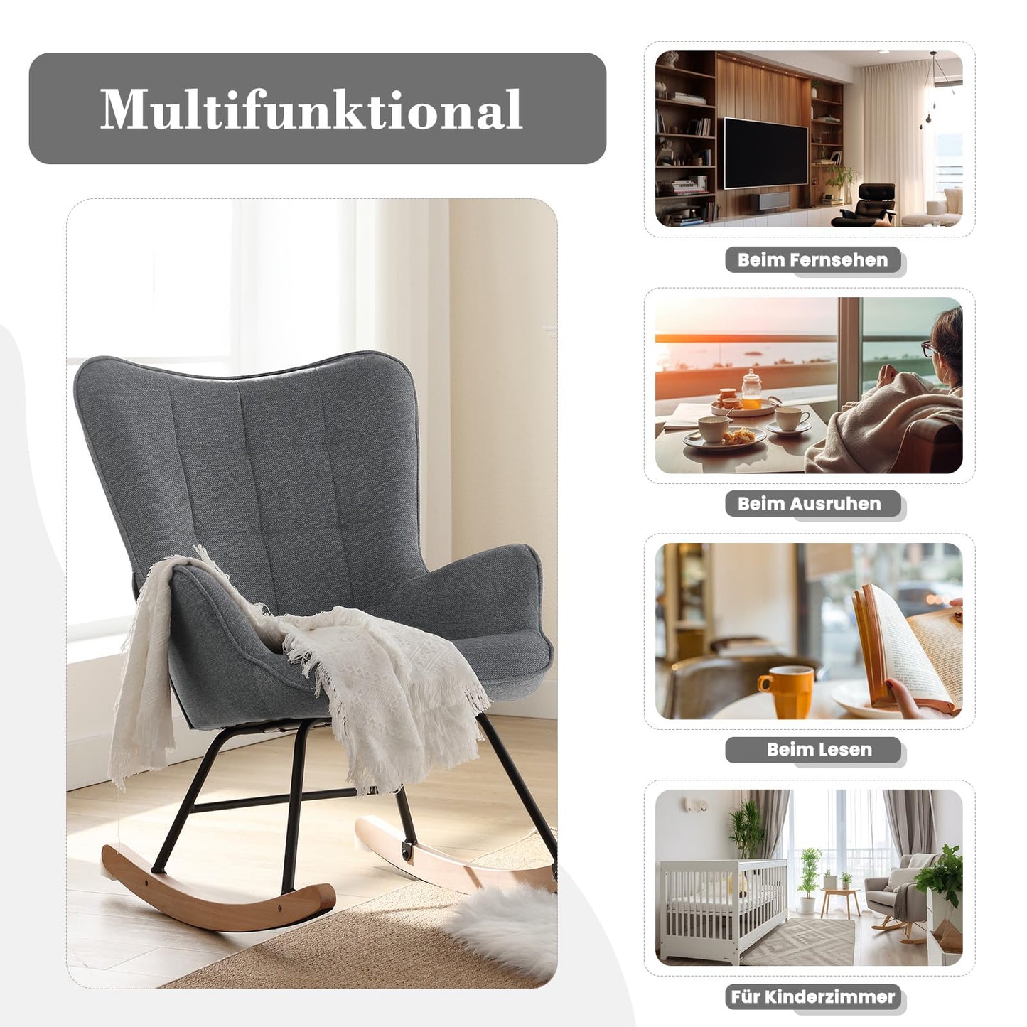 Fotel bujany relaksacyjny – tapicerowany z drewnianymi płozami, ciemnoszary do salonu - bujany fotel szary