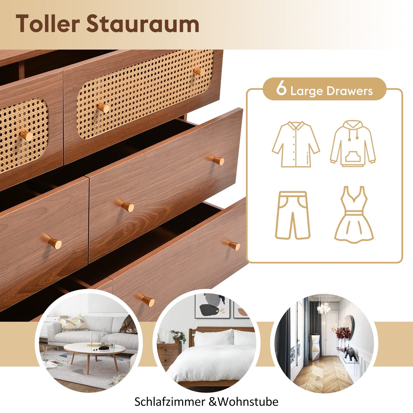 Komoda z sześcioma szufladami, rattanowa, kredens z 6 szufladami i minimalistycznymi metalowymi uchwytami i nogami w kolorze złotym - 90cm