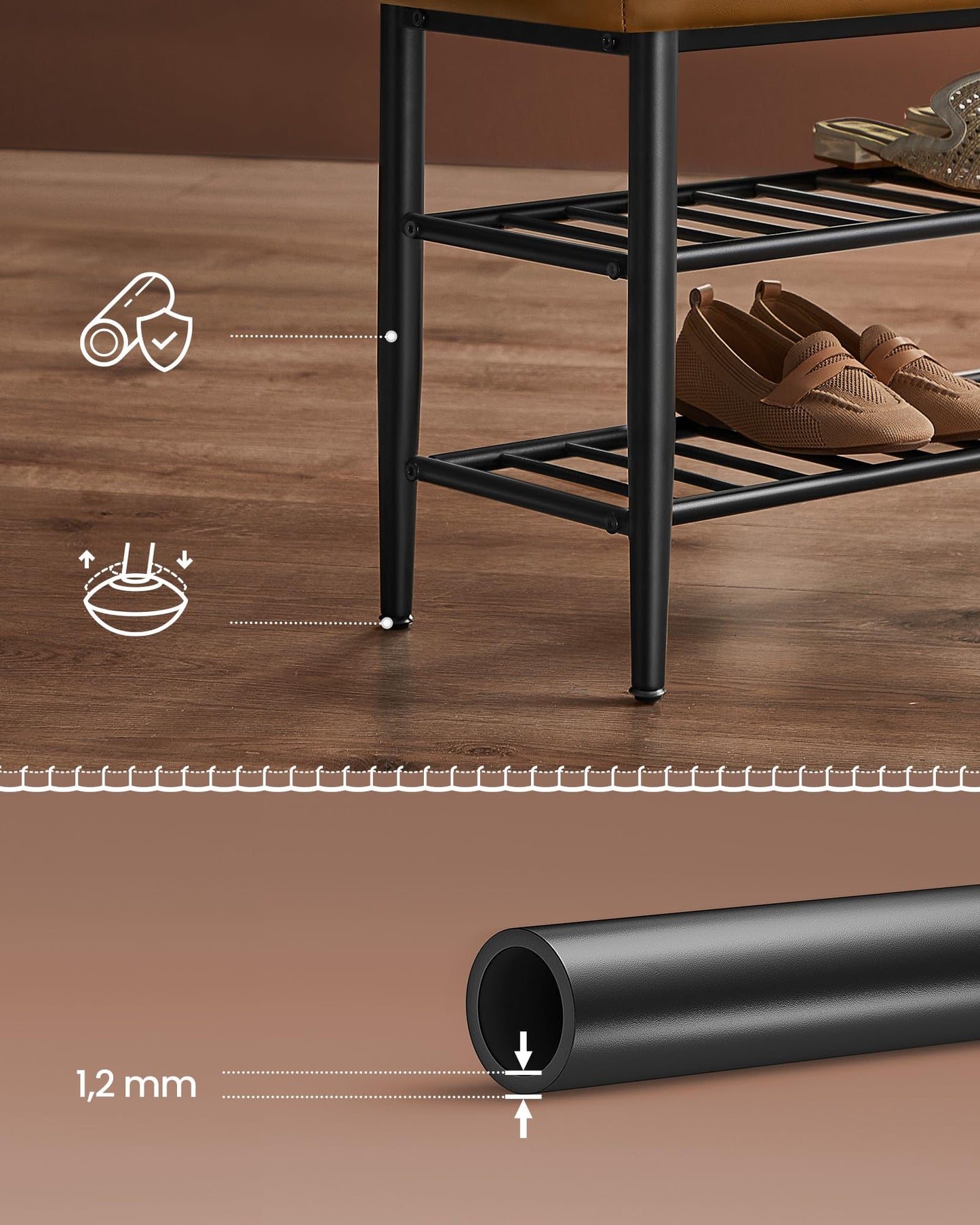 Ławka na buty z skórzanym siedziskiem, ławka eko-skóra metalowa, Meble do przedpokoju, PU z przeszyciami, Nowoczesny styl z połowy stulecia, Obciążenie 135 kg, 30 x 80 x 50 cm, Karmelowy brąz