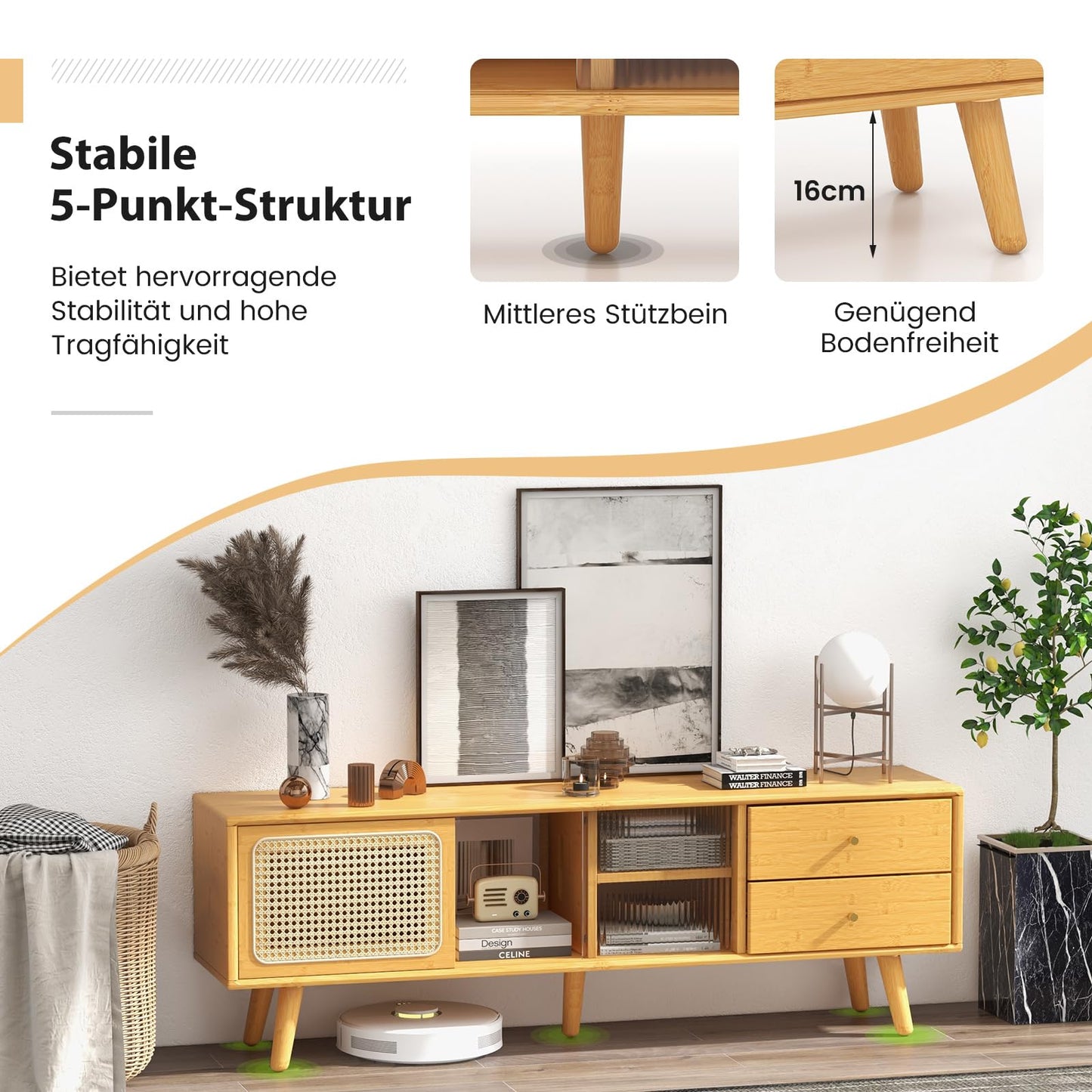 Bambusowa Szafka RTV z Rattanowymi i Szklanymi Drzwiami – 140x31x45,5 cm do Salonu, szafka pod tv z drzwiami