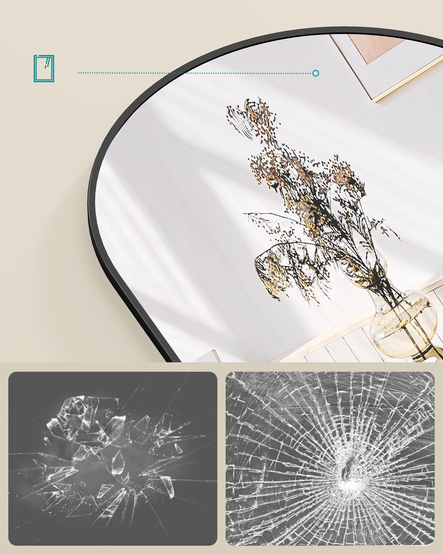 SONGMICS Lustro pełnej długości 160 x 50 cm Zakrzywione lustro stojące Rama aluminiowa Szkło hartowane do sypialni Salon Szafa Atrament Czarny LFM031B01