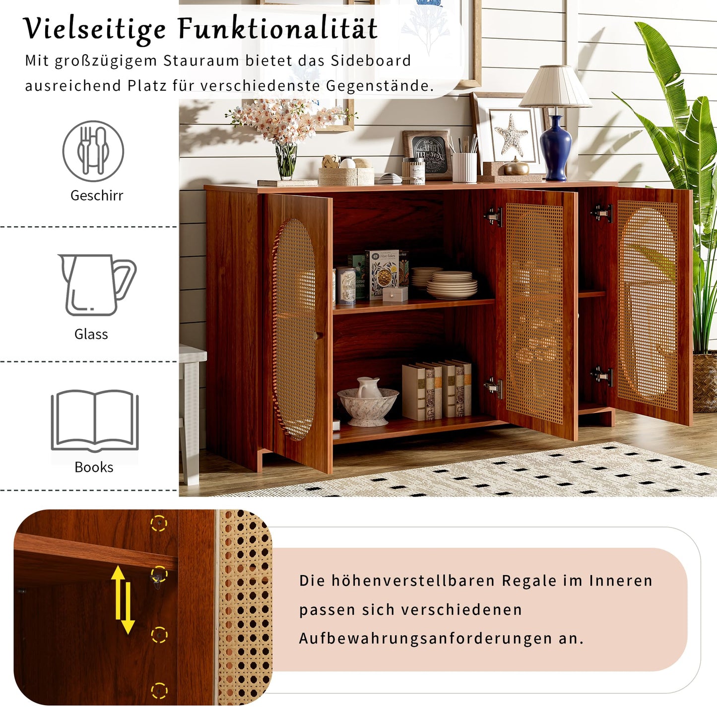 Stylowy kredens 125 cm z 3 drzwiami, rattanowymi drzwiami i metalowymi uchwytami – meble do salonu, jadalni, kuchni