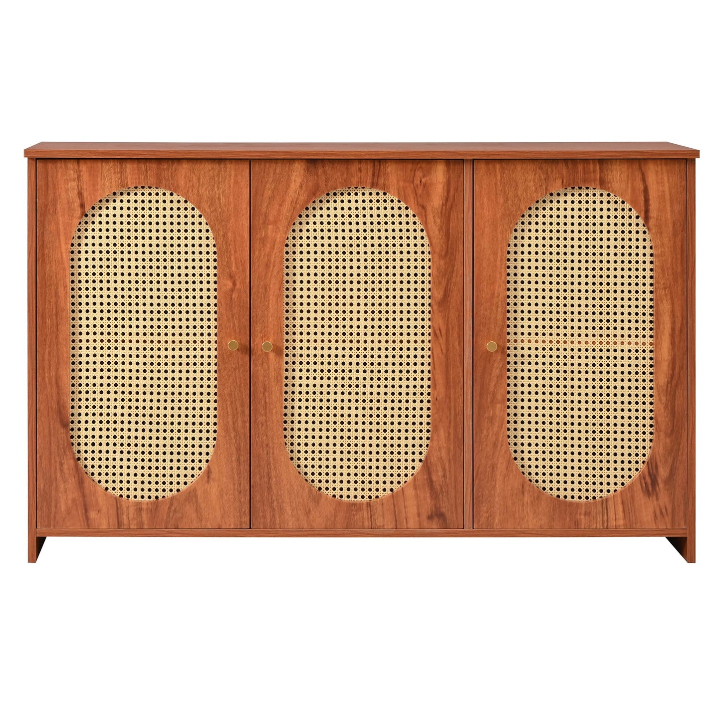 Stylowy kredens 125 cm z 3 drzwiami, rattanowymi drzwiami i metalowymi uchwytami – meble do salonu, jadalni, kuchni