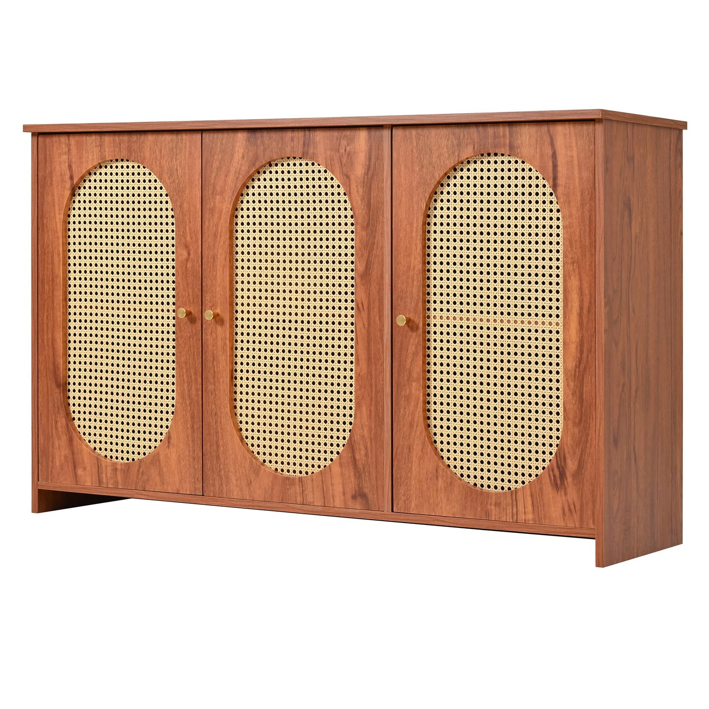 Stylowy kredens 125 cm z 3 drzwiami, rattanowymi drzwiami i metalowymi uchwytami – meble do salonu, jadalni, kuchni