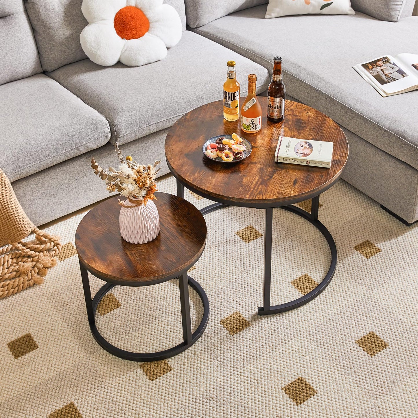 Zestaw 2 stolików kawowych okrągłych - nowoczesne stoliki wsuwane brązowe - stolik 60 cm i 40 cm zestaw