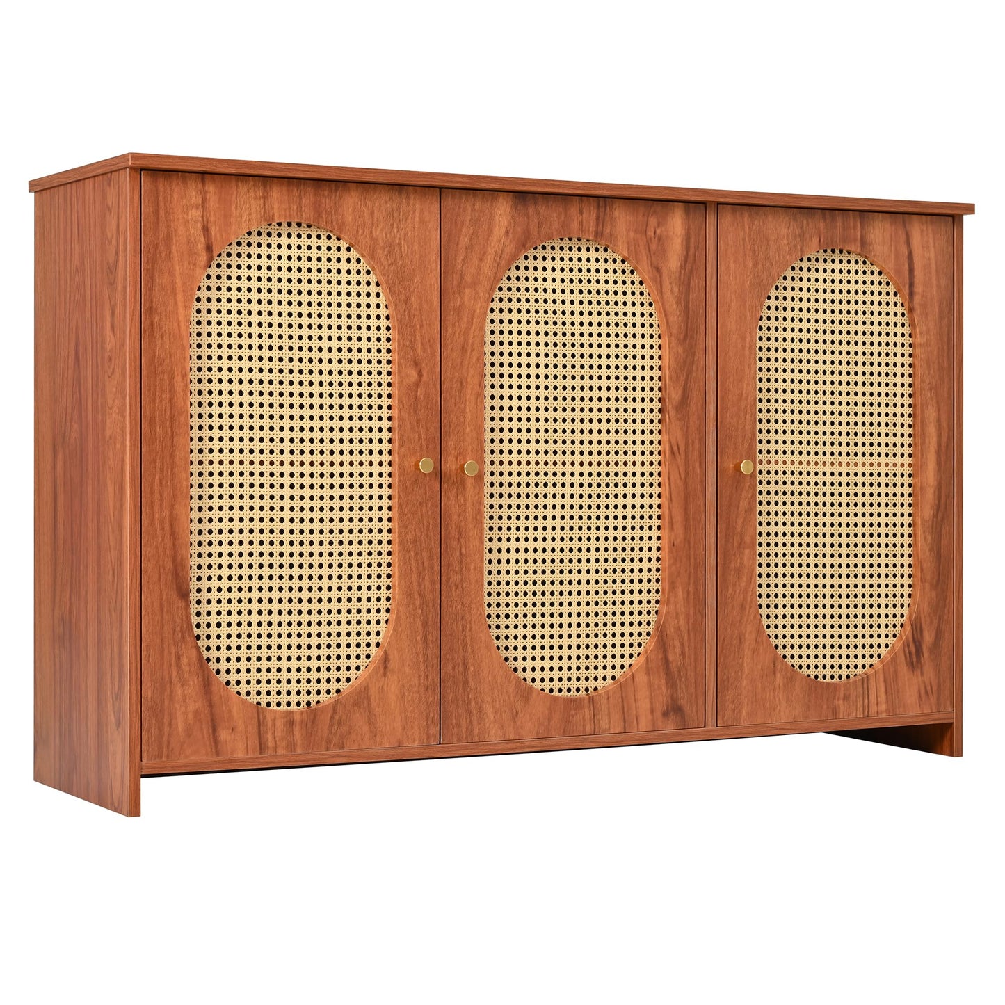 Stylowy kredens 125 cm z 3 drzwiami, rattanowymi drzwiami i metalowymi uchwytami – meble do salonu, jadalni, kuchni