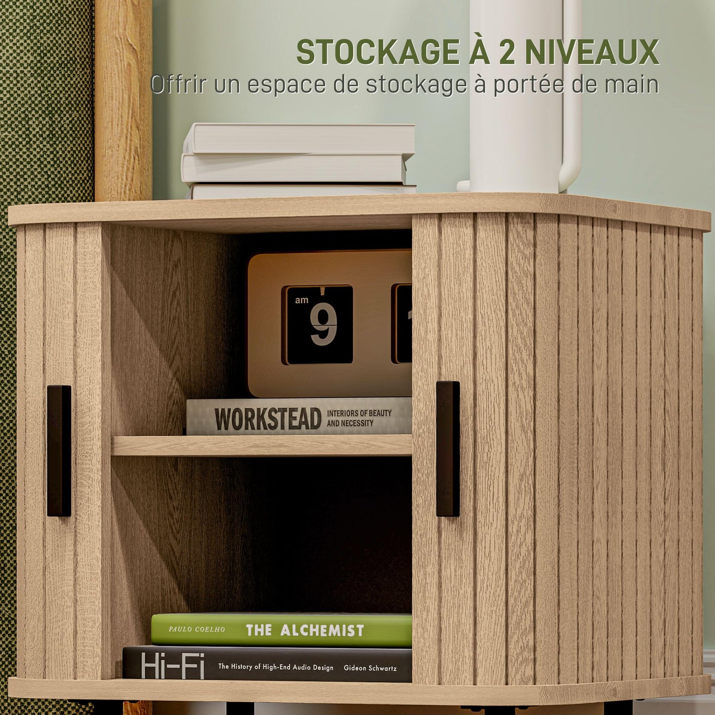 Stolik nocny skandynawski z 2 drzwiami przesuwnymi, stalowymi nogami, drewniany nowoczesny stolik nocny, 48x40x48 cm