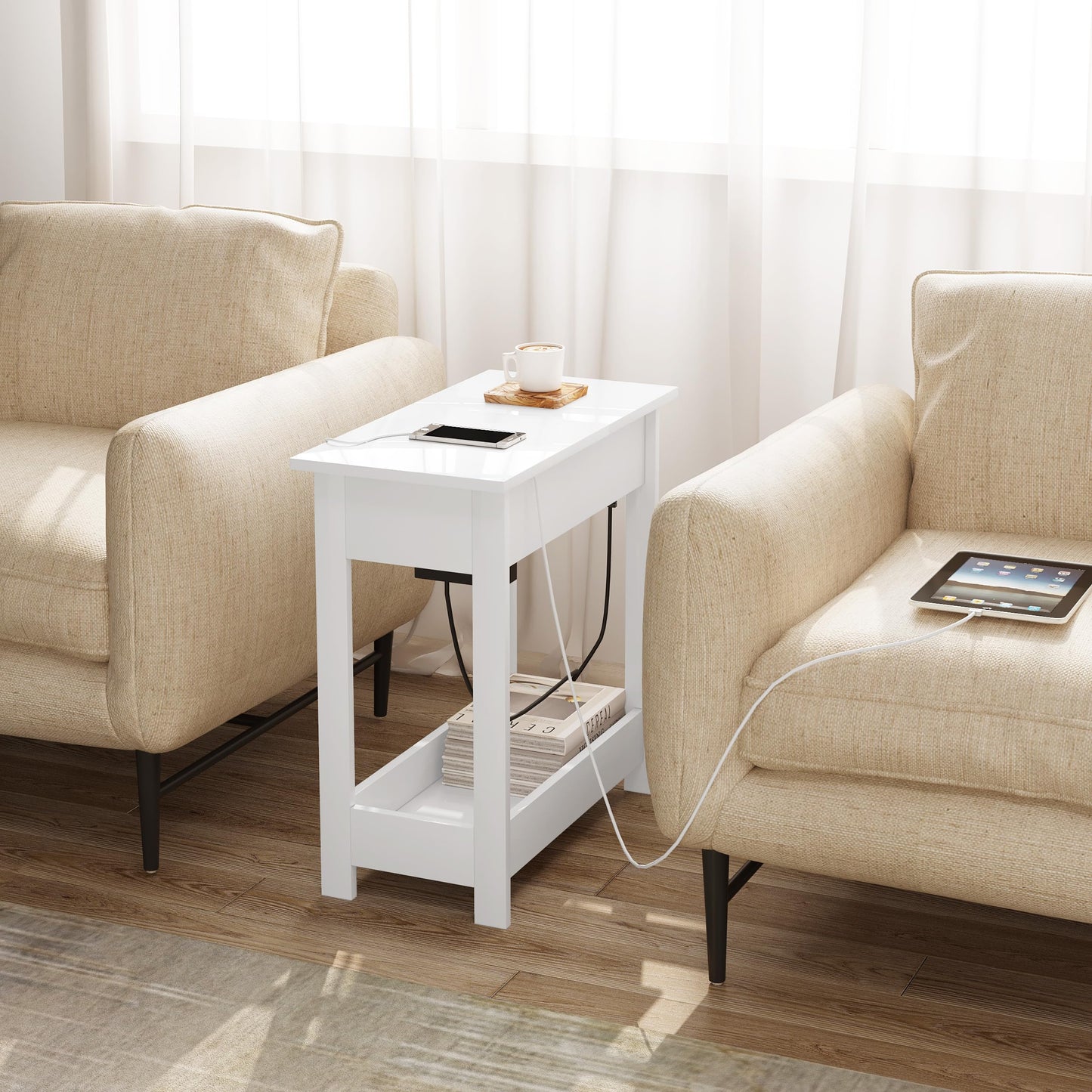 Stolik pomocniczy z gniazdkiem USB, składany blat i 3 półki – stolik nocny, kawowy, biały mebel do salonu, sypialni i kuchni