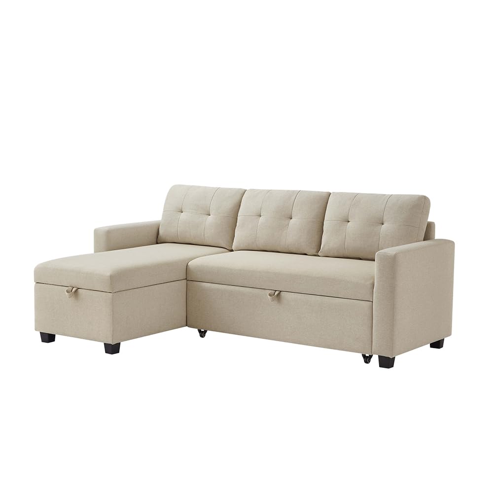 Sofa w kształcie litery L Campina, beżowa, 226 x 163 cm z funkcją spania, beżowa sofa z pojemnikiem