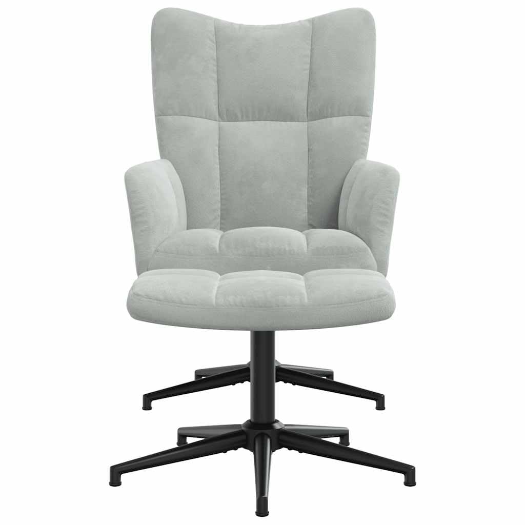 Fotel z podnóżkiem, jasnoszary, obity aksamitem, z gąbkowym wypełnieniem i stalową ramą – 62x68x98 cm