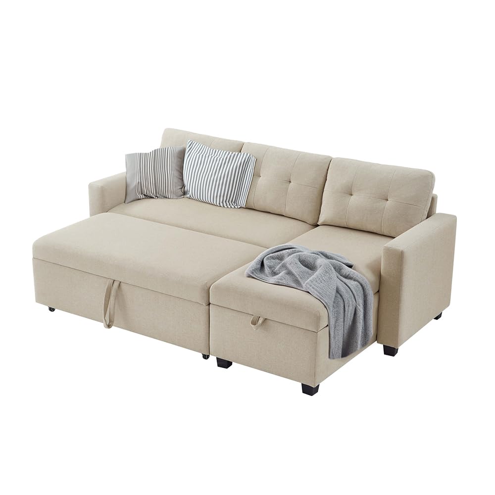 Sofa w kształcie litery L Campina, beżowa, 226 x 163 cm z funkcją spania, beżowa sofa z pojemnikiem