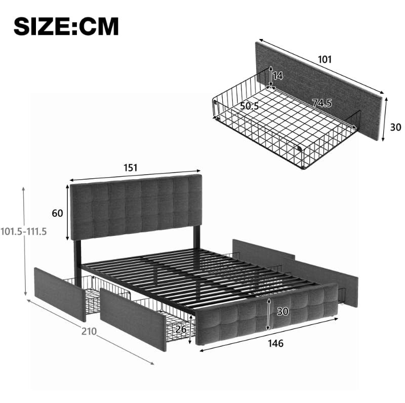 Łóżko tapicerowane 140x200 z szufladami - szare łóżko ze stelażem i regulowanym zagłówkiem - lniana tapicerka