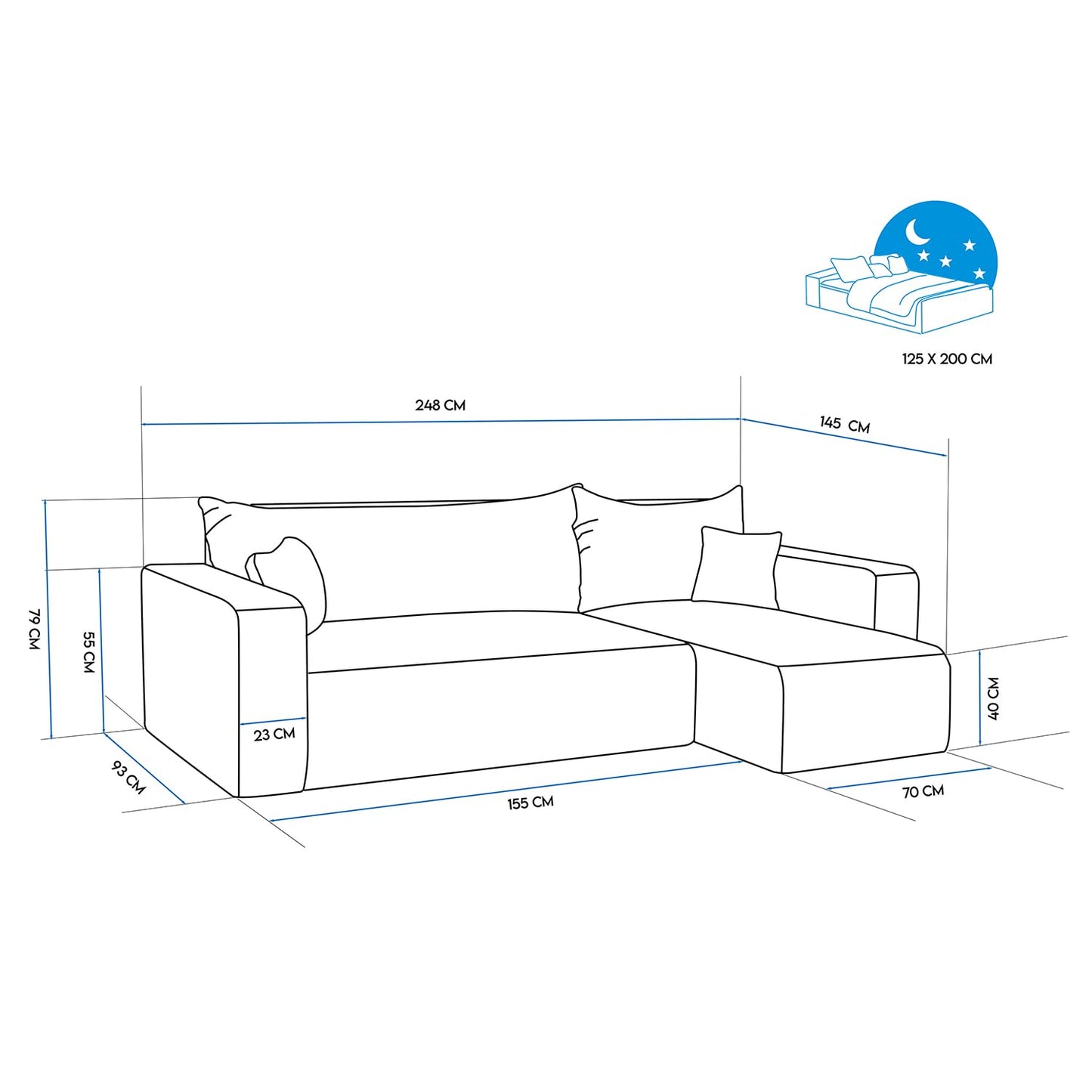 Sofa z funkcją spania, 145 x 248 cm, 3-osobowa, narożnik ze skrzynią na pościel, sofa do spania, do salonu