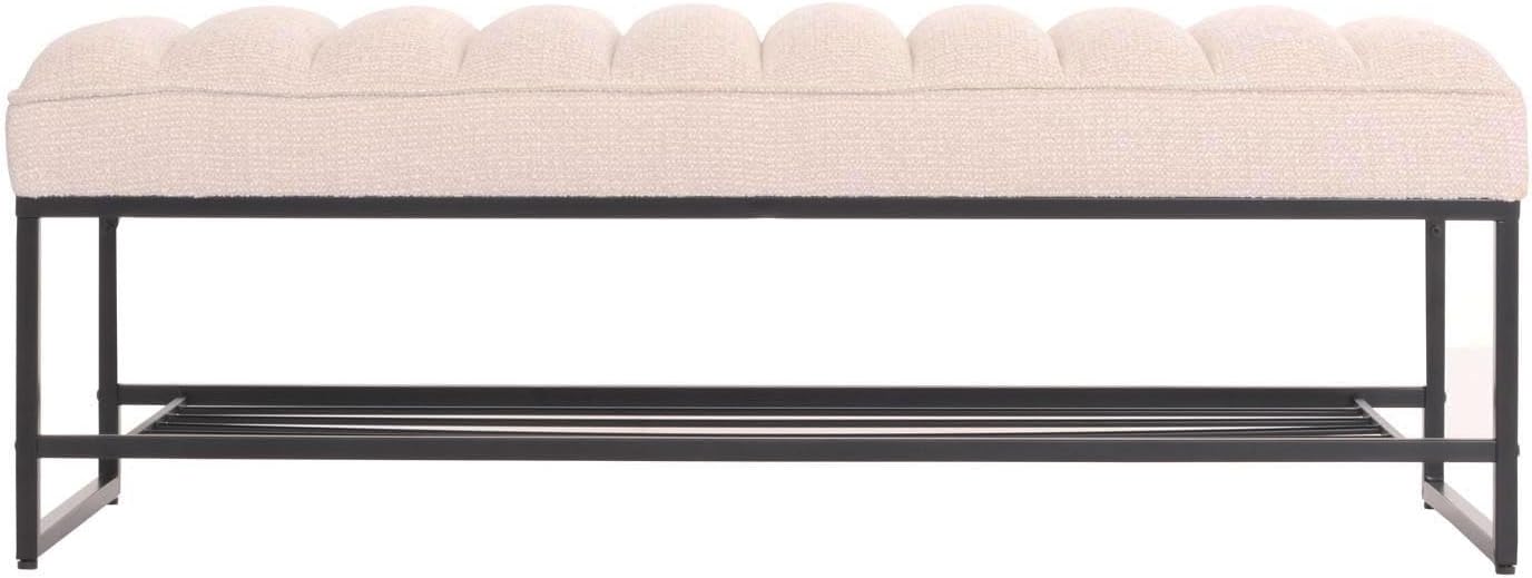 Tapicerowana ławka do korytarza - ławka tapicerowana z tkaniny boucle, regał na buty, szenilowa, 130 cm, kremowo-biała
