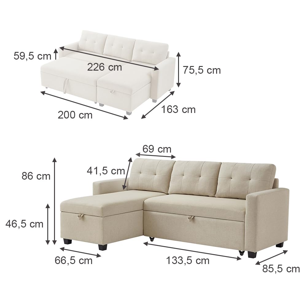 Sofa w kształcie litery L Campina, beżowa, 226 x 163 cm z funkcją spania, beżowa sofa z pojemnikiem