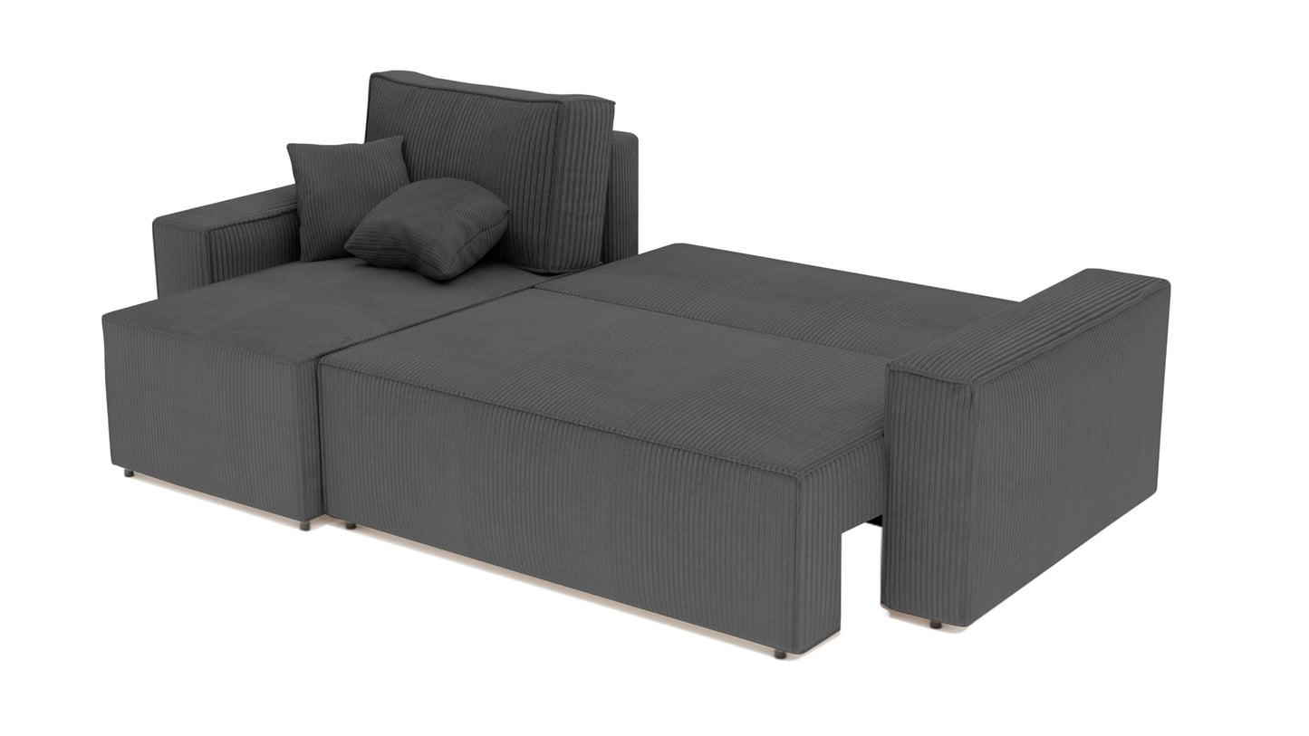 Ciemnoszara sofa narożna sztruksowa 3-osobowa z funkcją spania, skrzynią na pościel, 244x145 cm