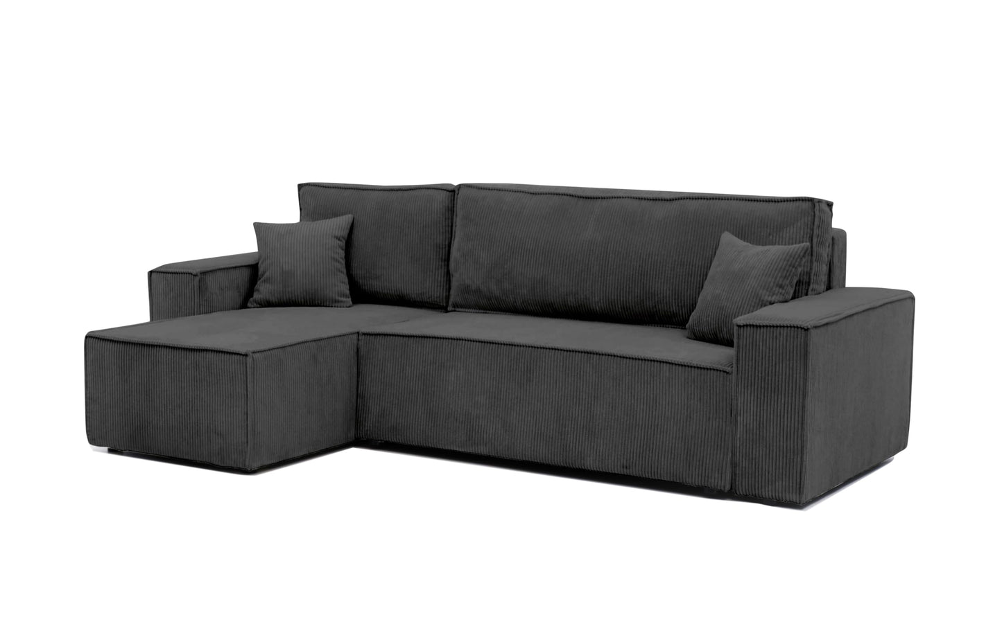 Ciemnoszara sofa narożna sztruksowa 3-osobowa z funkcją spania, skrzynią na pościel, 244x145 cm