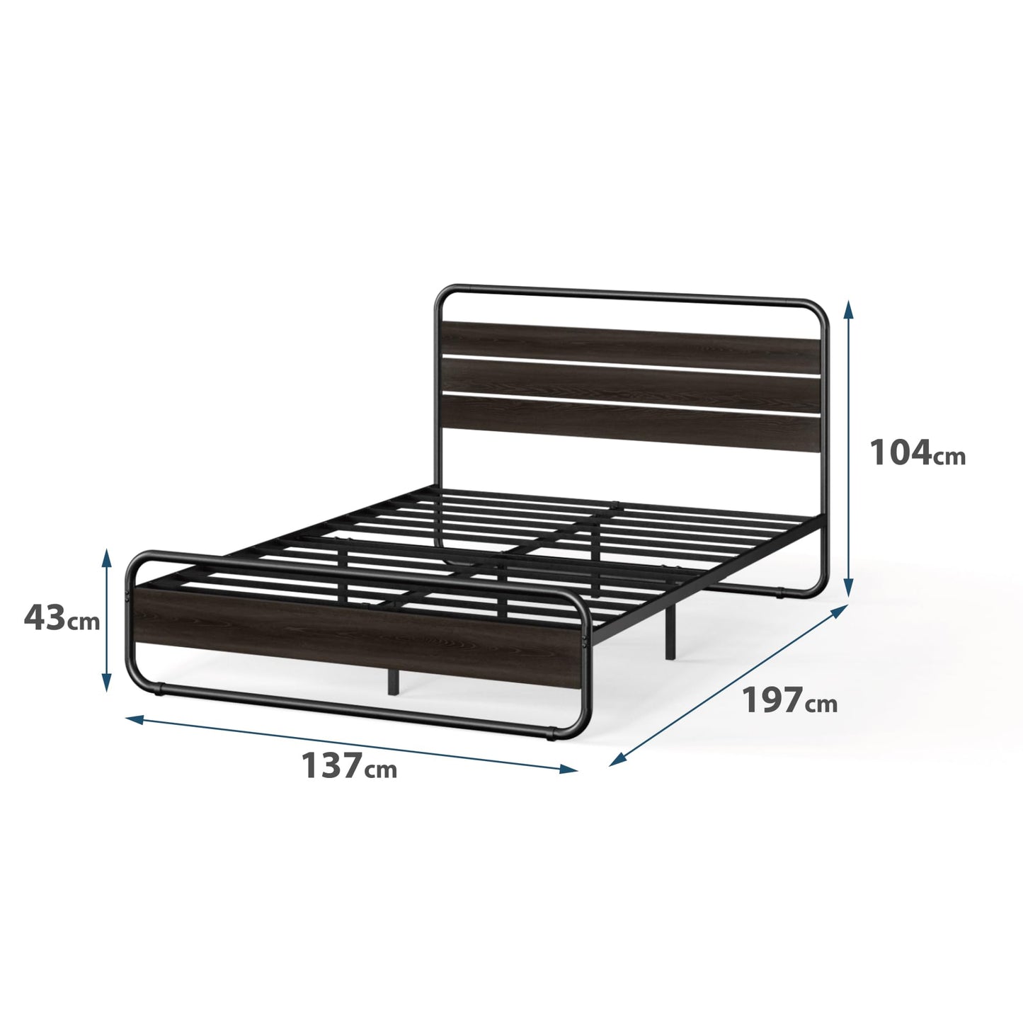 Łóżko z metalowym stelażem 135x190 cm z zagłówkiem, czarne, wysokość 30 cm - łóżko ciemny brąz 135cm