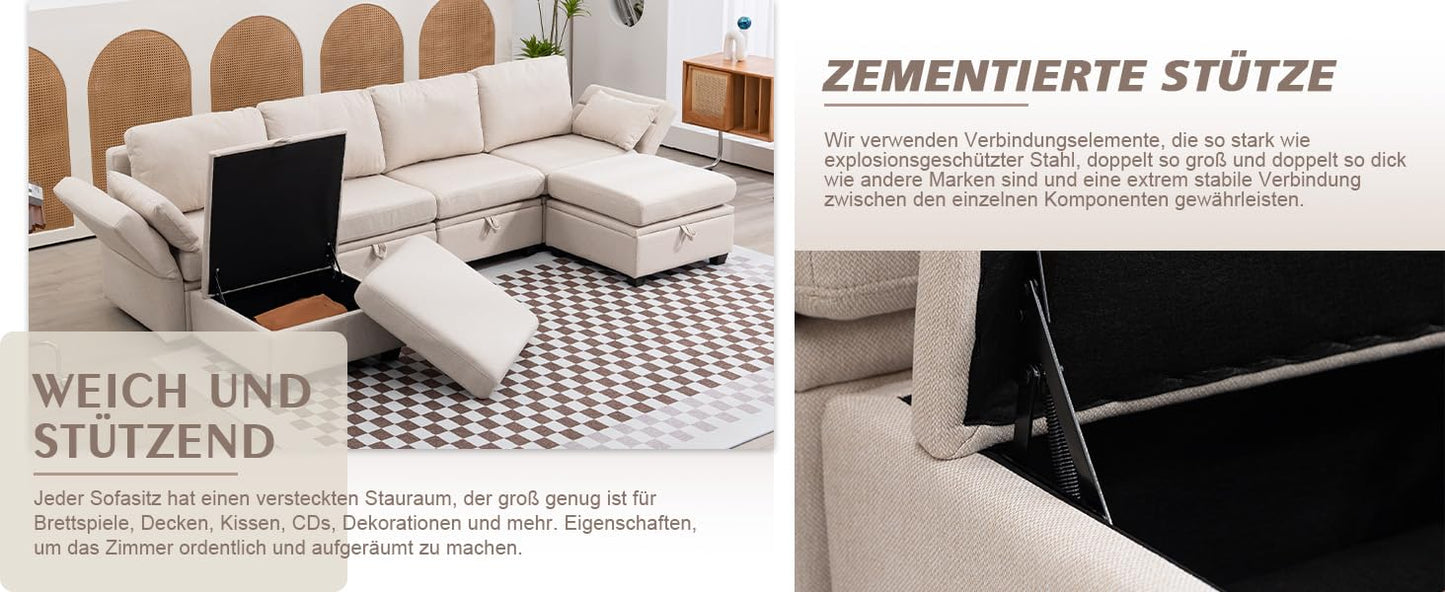 Modułowa sofa w kształcie litery U z miejscem do przechowywania, szeroka sofa do salonu, 6 siedzeń (beżowa)