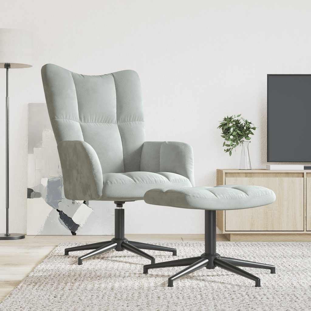 Fotel z podnóżkiem, jasnoszary, obity aksamitem, z gąbkowym wypełnieniem i stalową ramą – 62x68x98 cm