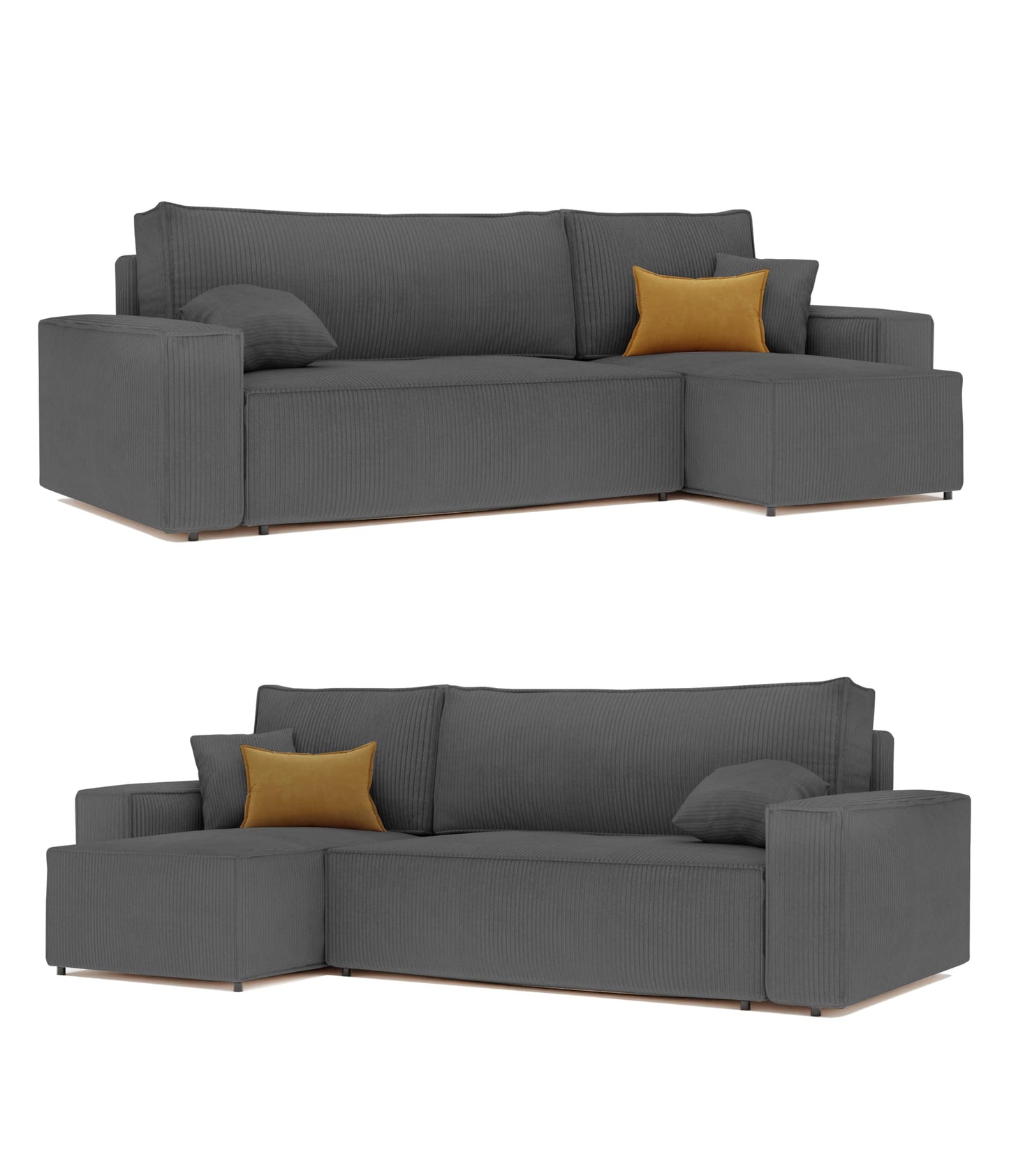 Ciemnoszara sofa narożna sztruksowa 3-osobowa z funkcją spania, skrzynią na pościel, 244x145 cm