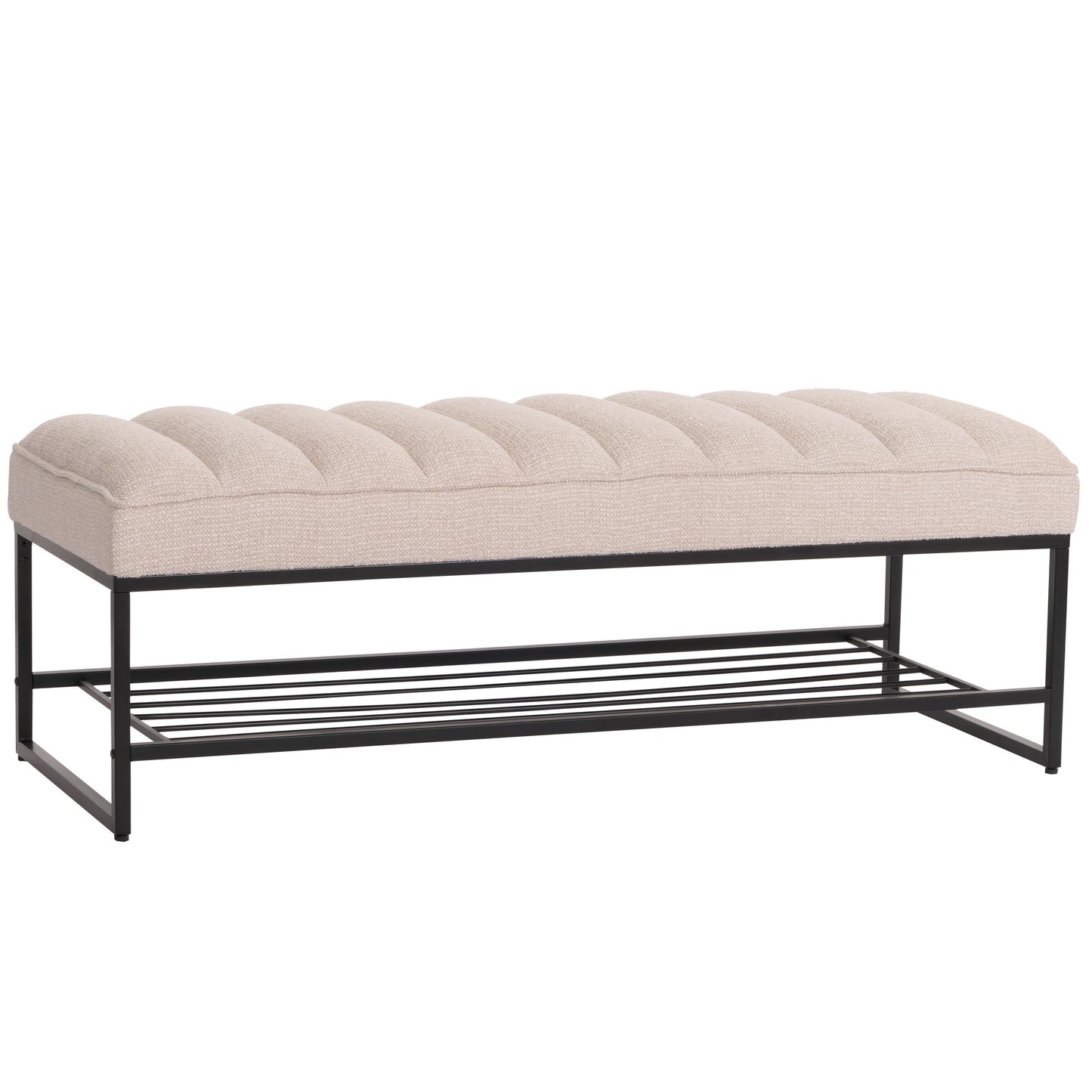 Tapicerowana ławka do korytarza - ławka tapicerowana z tkaniny boucle, regał na buty, szenilowa, 130 cm, kremowo-biała