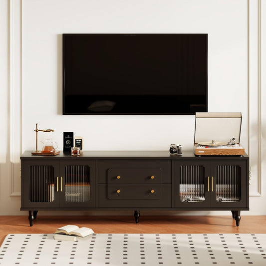 Szafka RTV Skandynawska Retro z Rattanowymi Drzwiami i Złotymi Uchwytami – 175x38x55,5 cm, czarna nowoczesna szafka pod telewizor