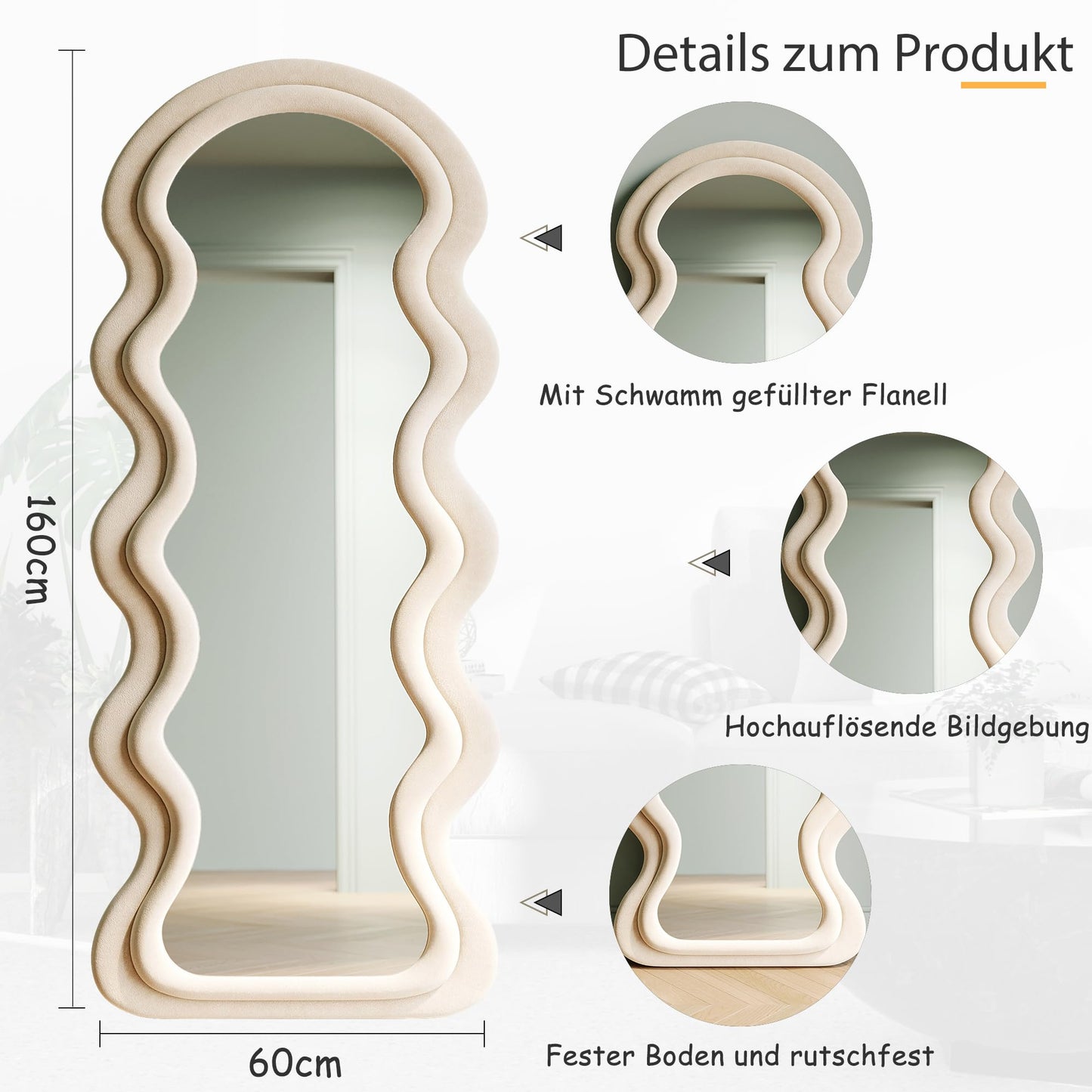 Generisch Asymetryczne lustro falowane, duże, stojące, na całe ciało, lustro ścienne, na całe ciało, z drewnianą ramą owiniętą flanelą, wiszące lub uchylne, białe, 160 x 60 cm