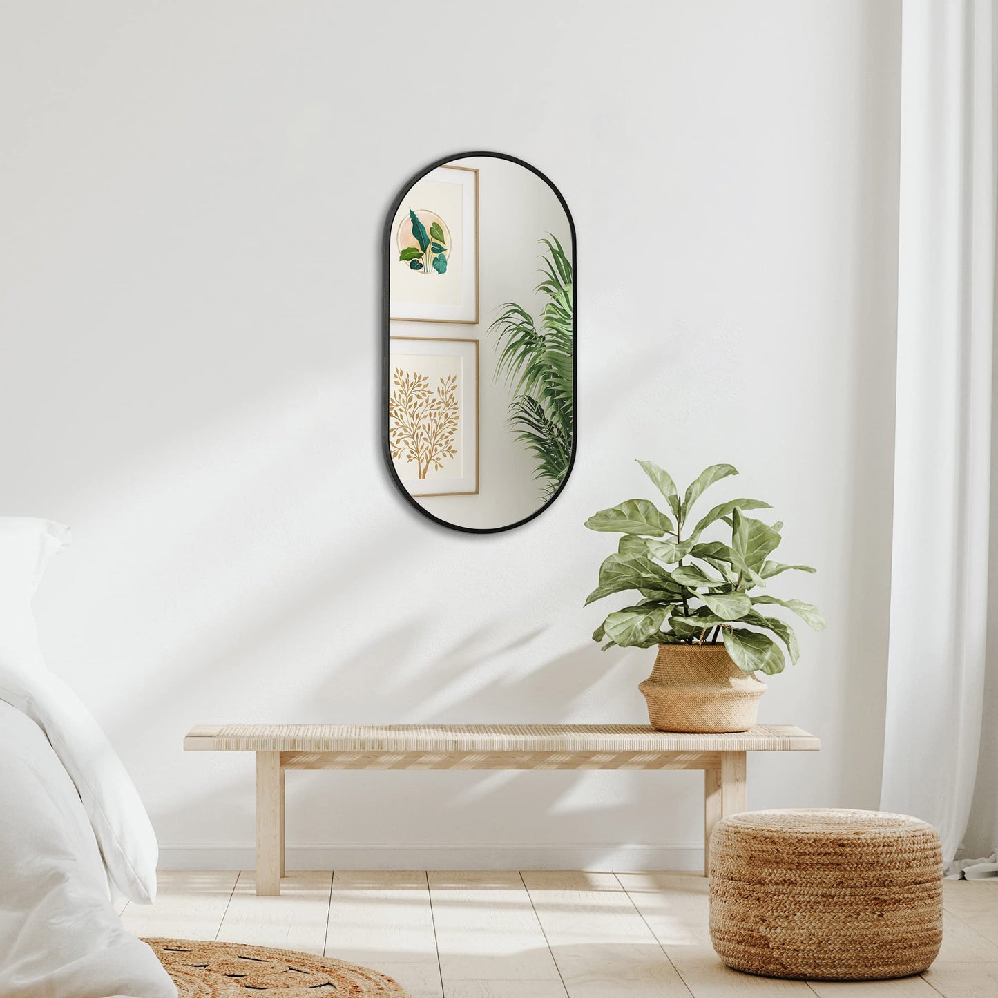 Americanflat Czarne owalne lustro z aluminiową ramą, czarne lustro łazienkowe, czarne lustro do salonu i sypialni, z nowoczesną zaokrągloną ramą i osprzętem wiszącym, 30 x 60 cm