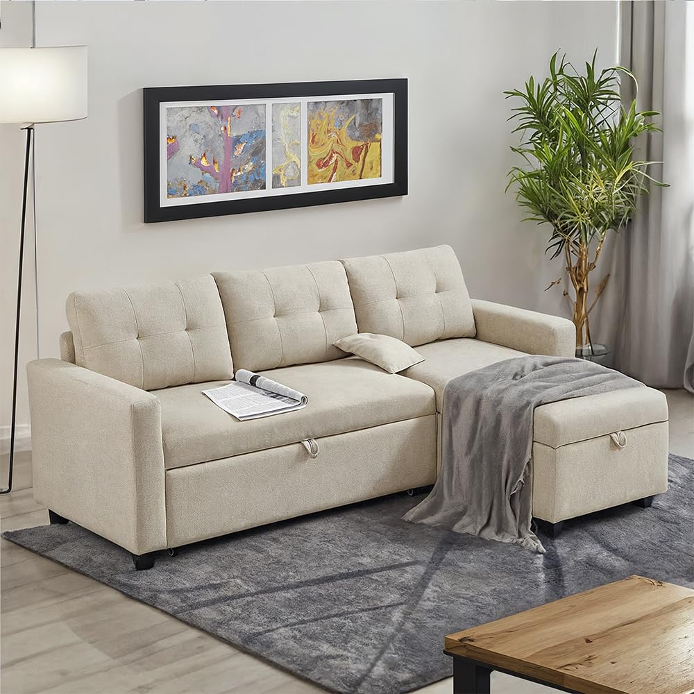 Sofa w kształcie litery L Campina, beżowa, 226 x 163 cm z funkcją spania, beżowa sofa z pojemnikiem