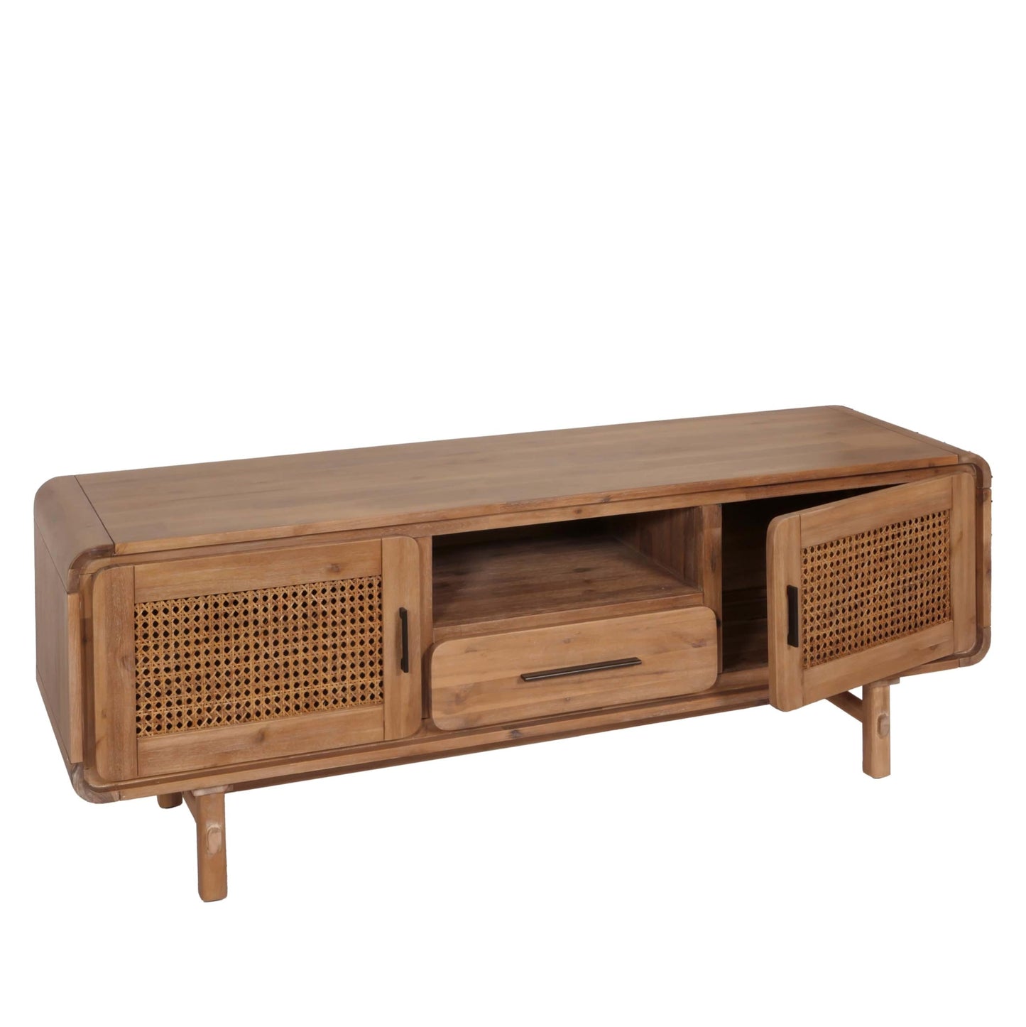 Szafka RTV z Rattanem i Drewna Akacjowego – 160x45x60 cm, Szafka pod telewizor z akacji 160cm