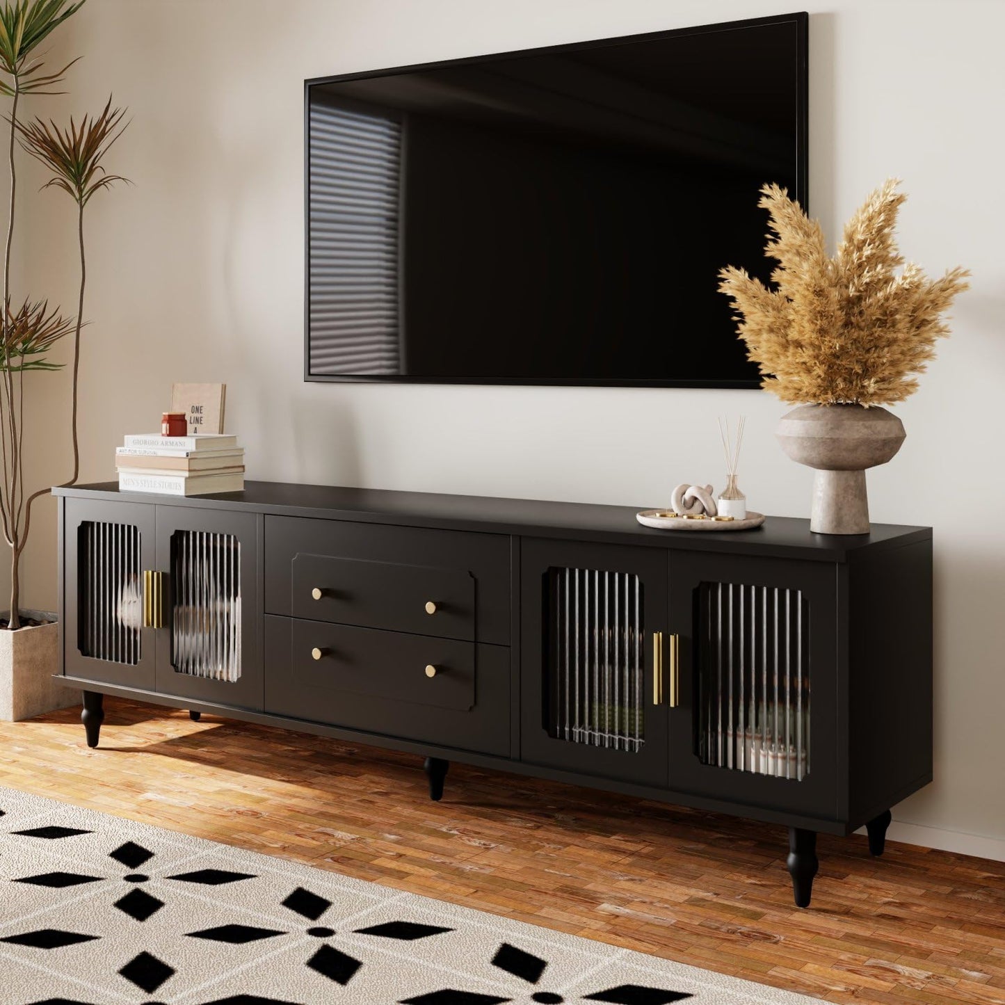 Szafka RTV Skandynawska Retro z Rattanowymi Drzwiami i Złotymi Uchwytami – 175x38x55,5 cm, czarna nowoczesna szafka pod telewizor
