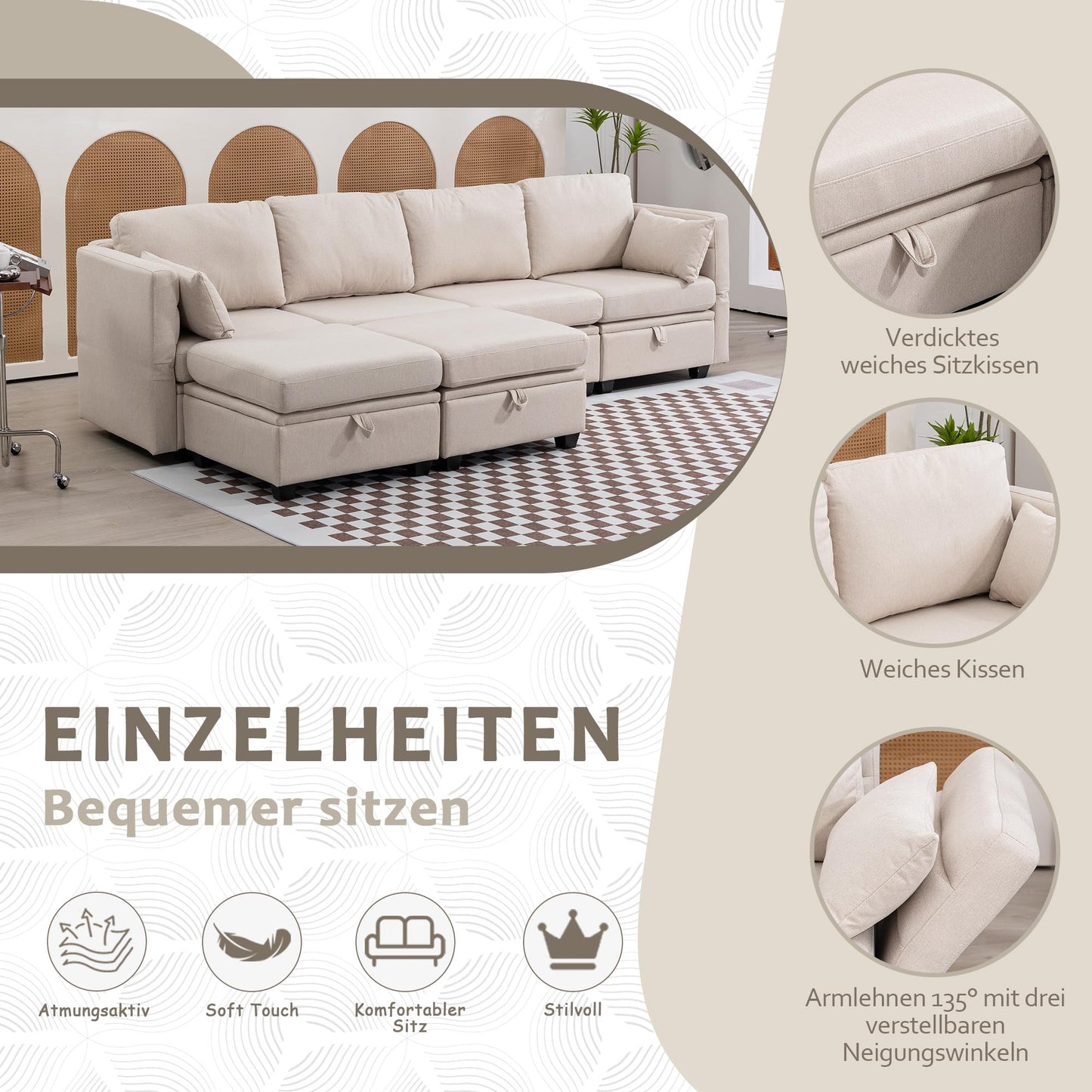 Modułowa sofa w kształcie litery U z miejscem do przechowywania, szeroka sofa do salonu, 6 siedzeń (beżowa)