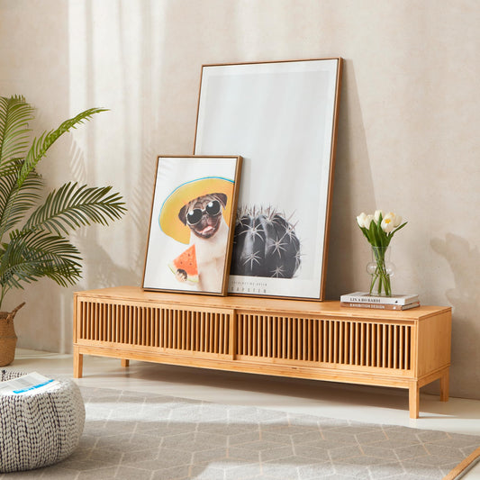 Szafka pod telewizor z bambusa naturalna z suwanymi drzwiami, komoda pod telewizor, 140 x 40 x 38 cm