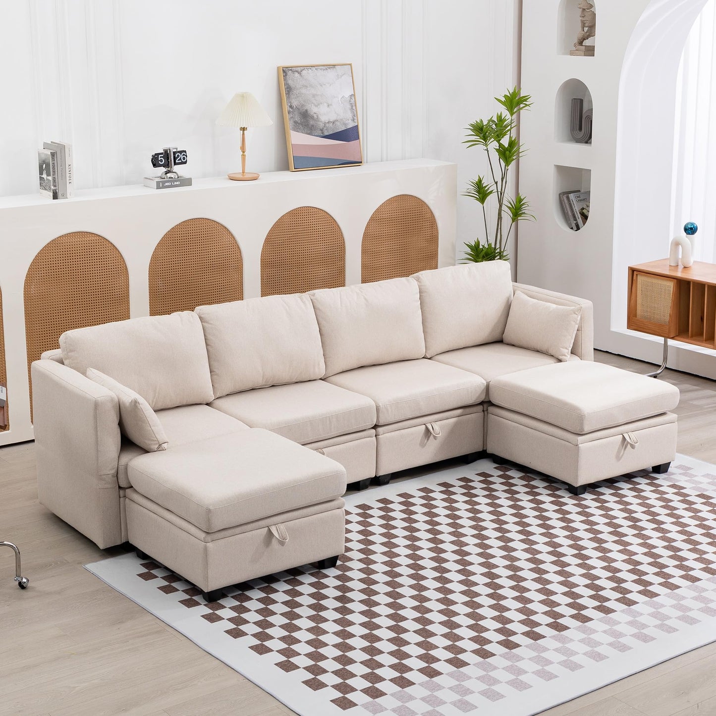 Modułowa sofa w kształcie litery U z miejscem do przechowywania, szeroka sofa do salonu, 6 siedzeń (beżowa)