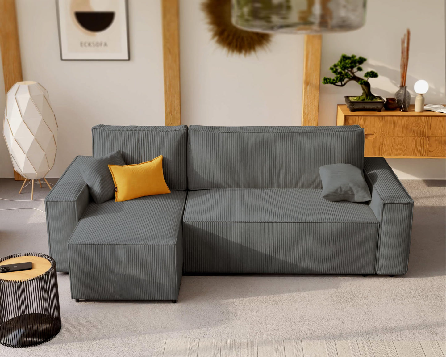 Ciemnoszara sofa narożna sztruksowa 3-osobowa z funkcją spania, skrzynią na pościel, 244x145 cm