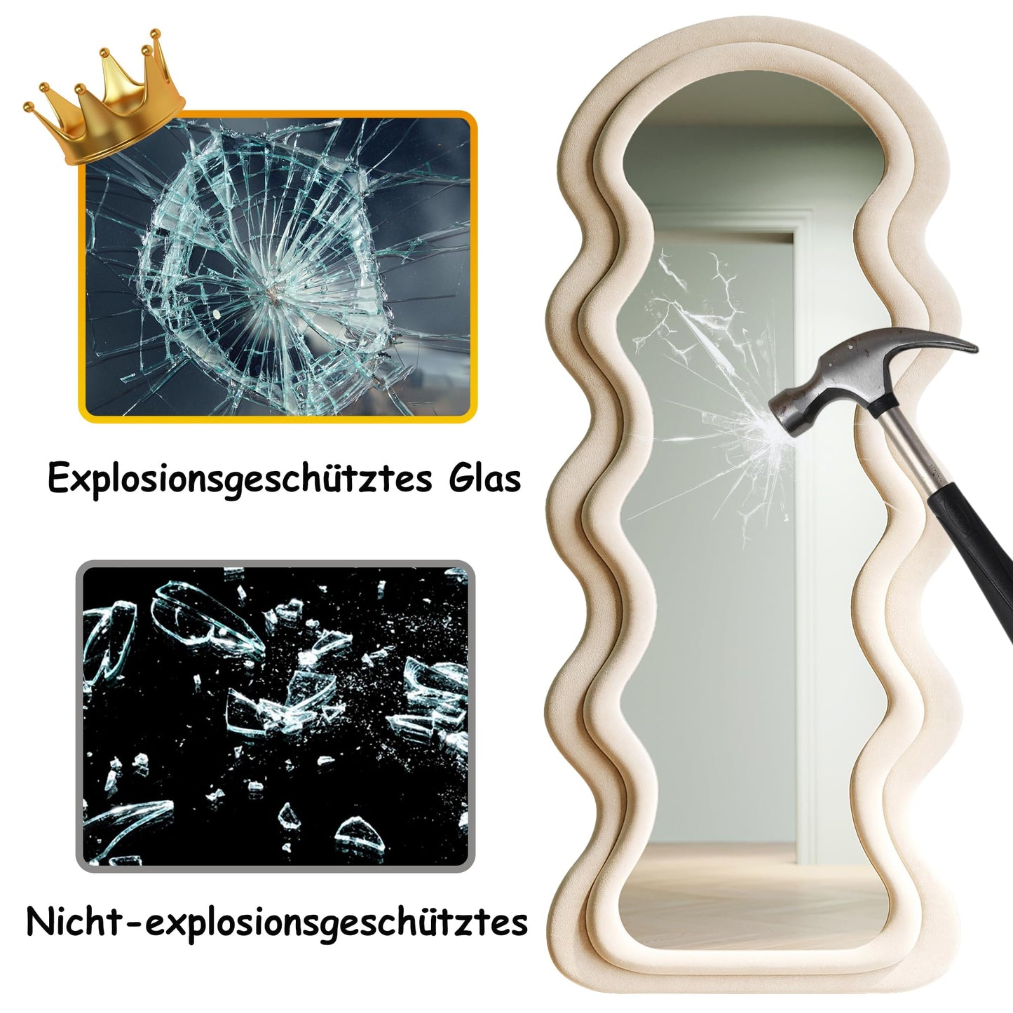 Generisch Asymetryczne lustro falowane, duże, stojące, na całe ciało, lustro ścienne, na całe ciało, z drewnianą ramą owiniętą flanelą, wiszące lub uchylne, białe, 160 x 60 cm