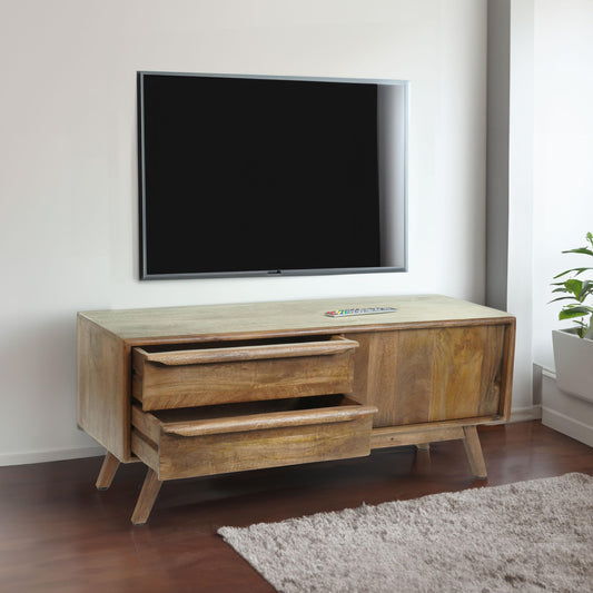 Szafka RTV z Litego Drewna Mango w stylu skandynawskim, prosta nowoczesna szafka pod telewizor 110cm